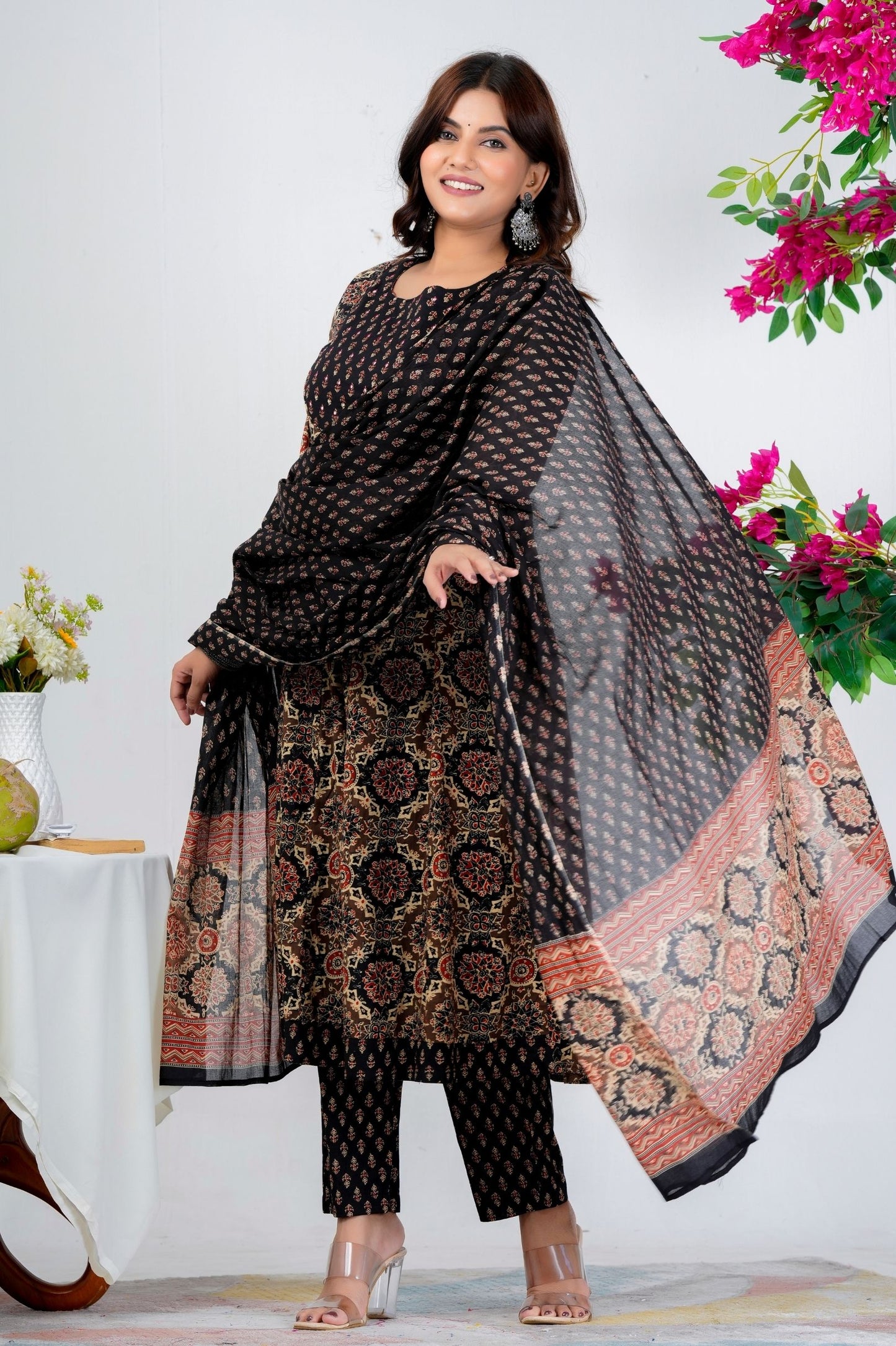 Elegant Black & Beige Floral Printed Kurta Set with Dupatta