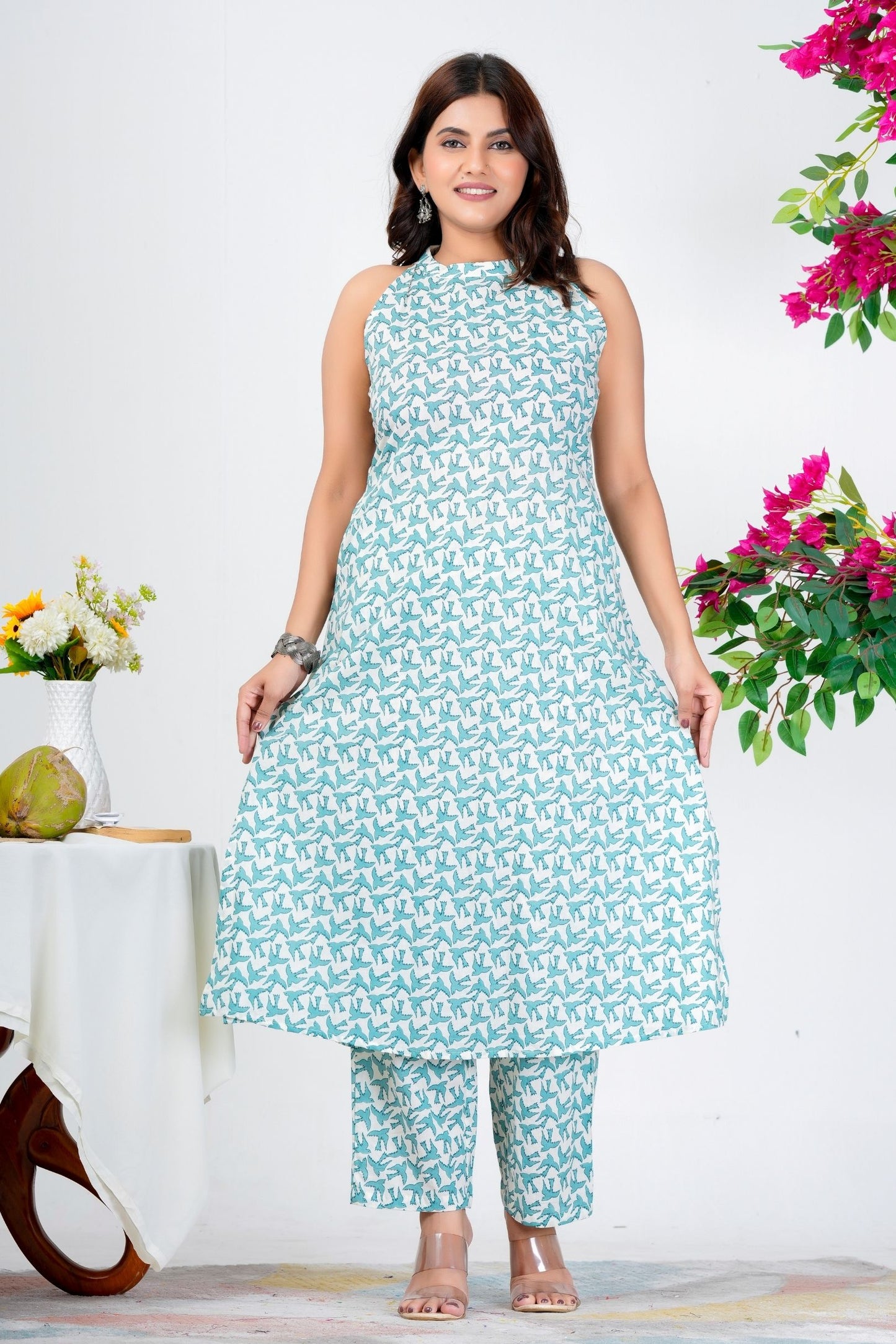 Trendy Sleeveless Aqua Blue Printed Kurta Set