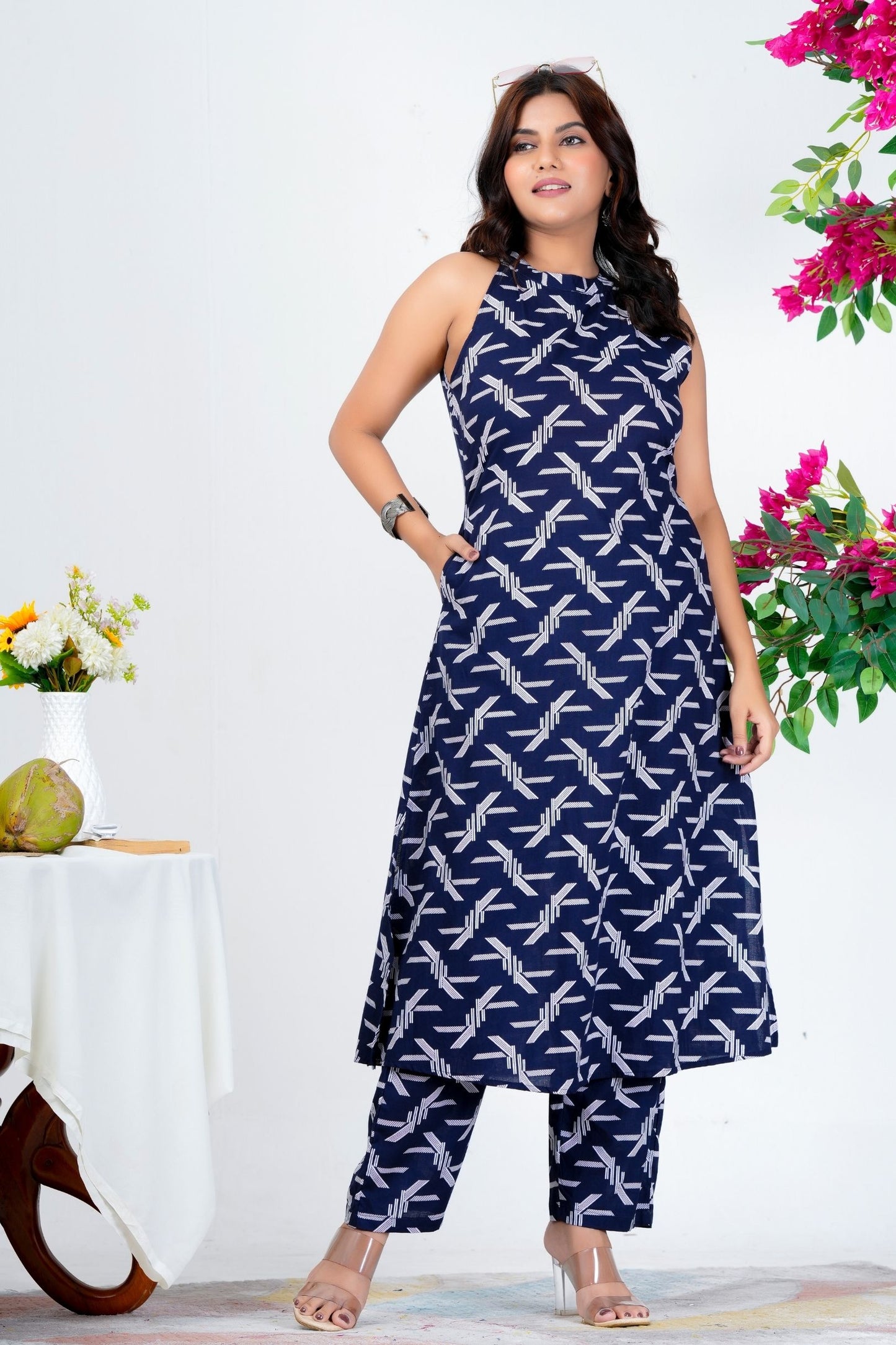 Elegant Sleeveless Navy Blue Printed Kurta Set