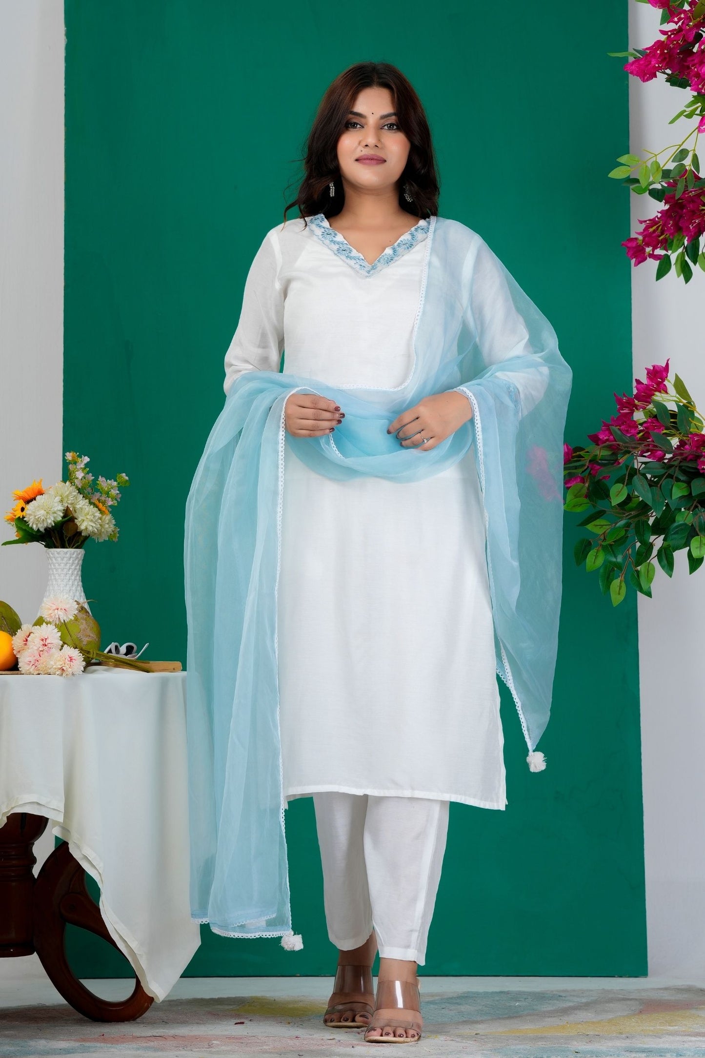 Graceful White Kurta Set with Light Blue Dupatta