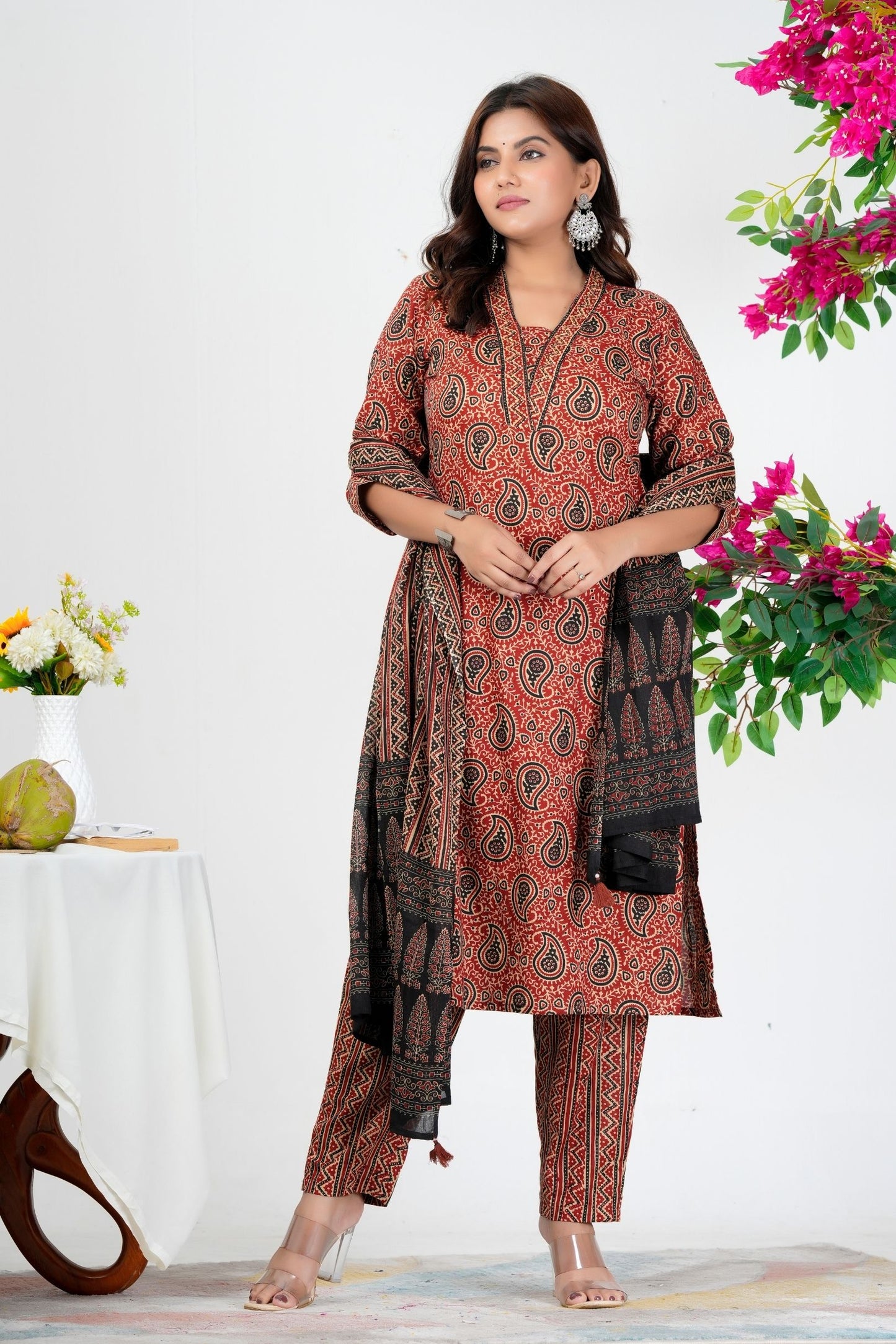Rust Red Paisley Printed Kurta Set with Dupatta