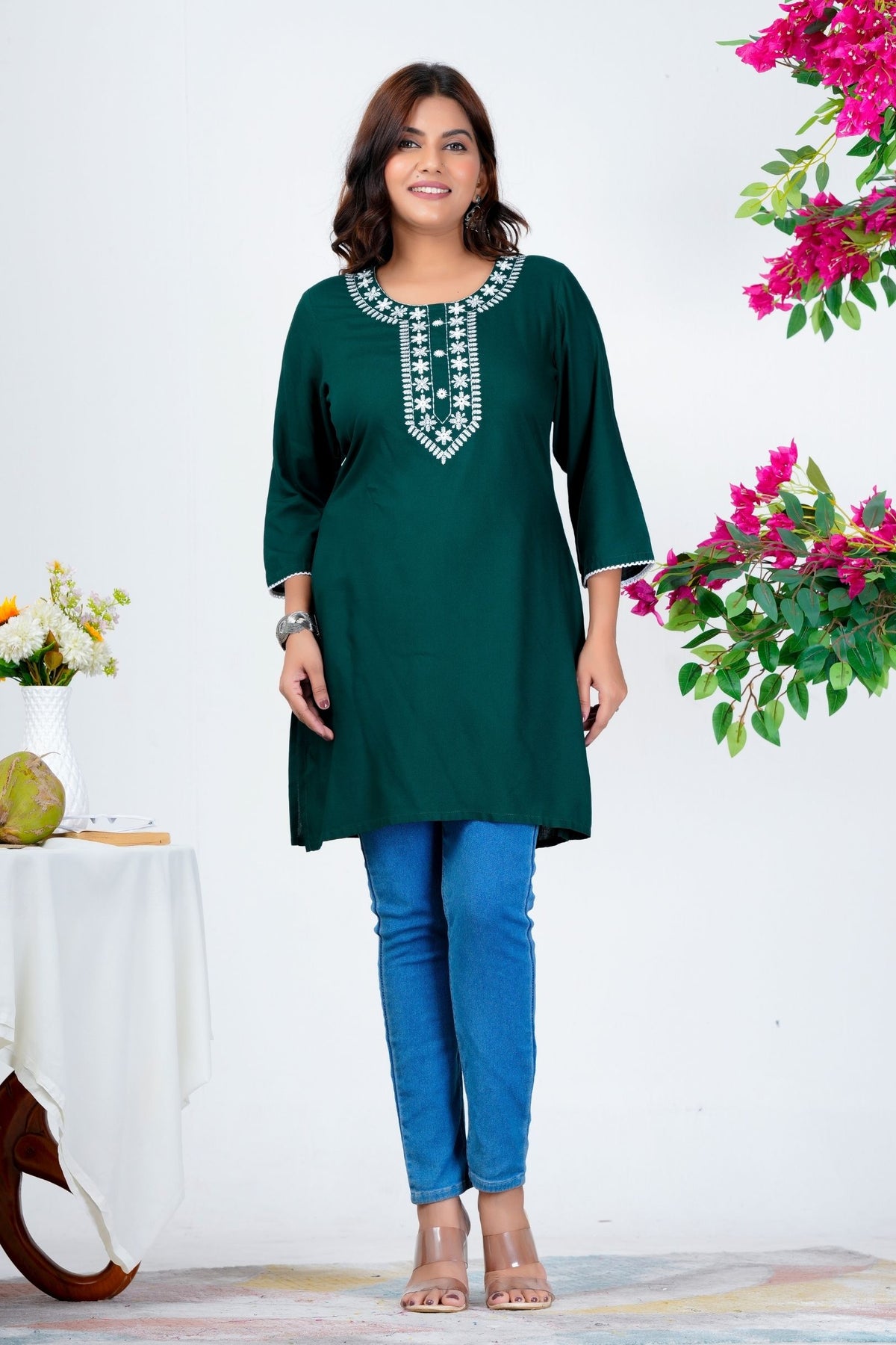 Women's Dark Green Embroidered Kurti with 3/4th Sleeves – Casual & Office Wear