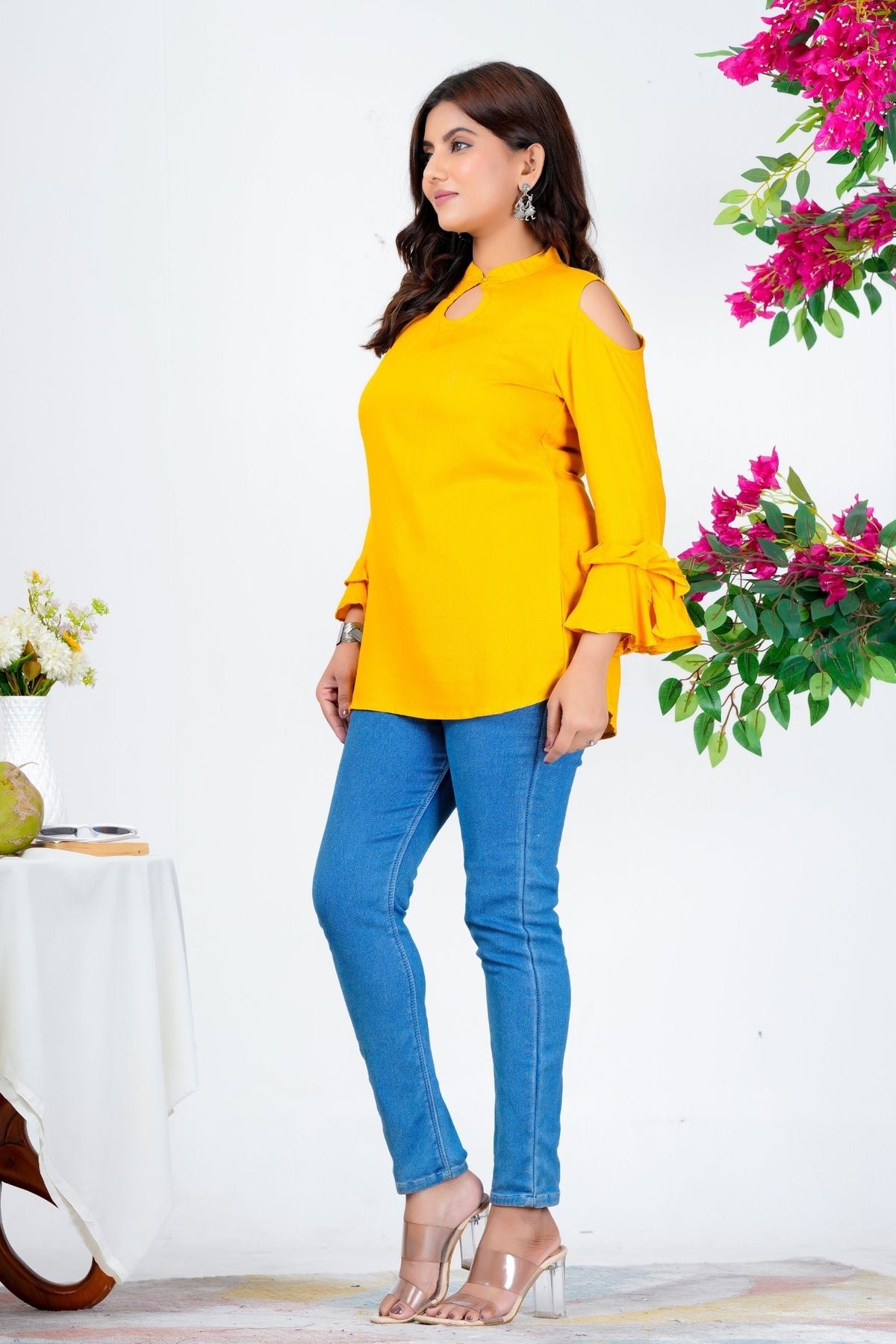 Women's Mustard Yellow Solid Ruffle Sleeve Top with Keyhole Neck – Stylish Casual Wear