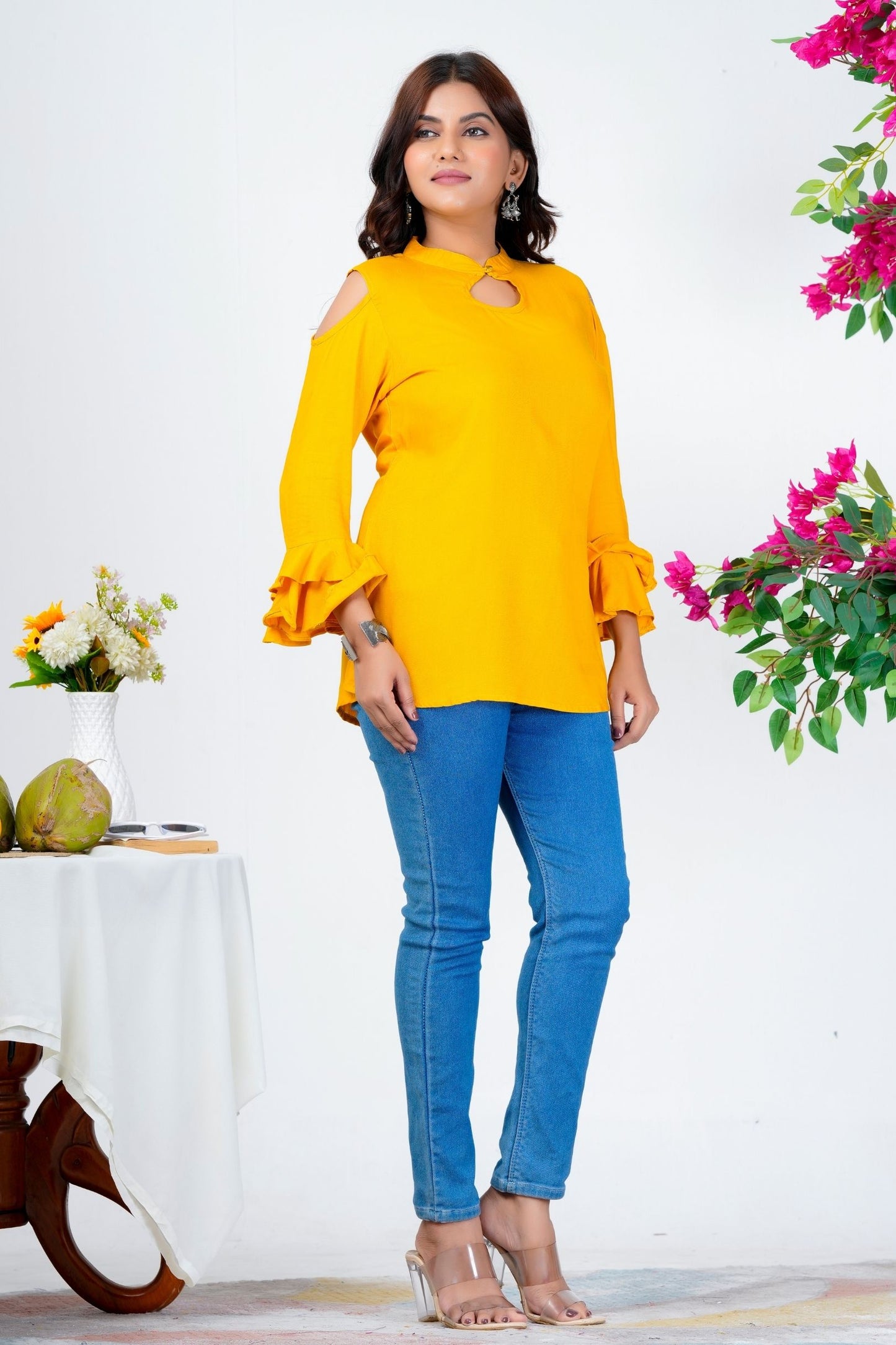 Women's Mustard Yellow Solid Ruffle Sleeve Top with Keyhole Neck – Stylish Casual Wear