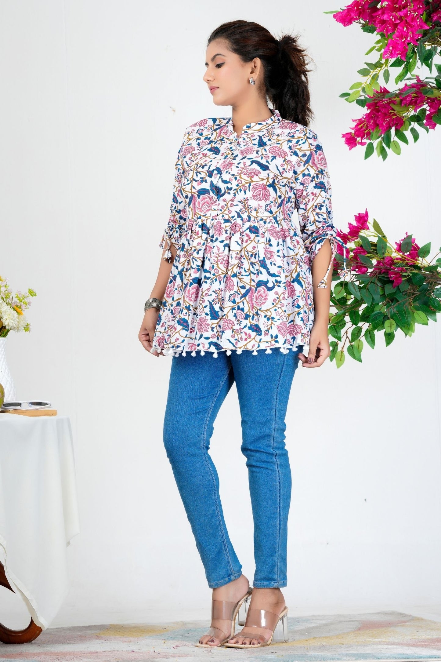 Women's White Floral Printed Cotton Peplum Top with 3/4 Sleeves – Casual & Ethnic Fusion Wear