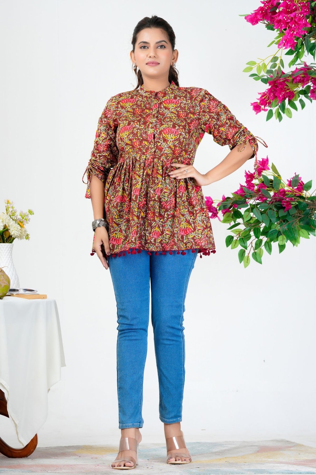Women's Maroon Multicolor Floral Printed Cotton Peplum Top with 3/4 Sleeves – Casual & Festive Wear