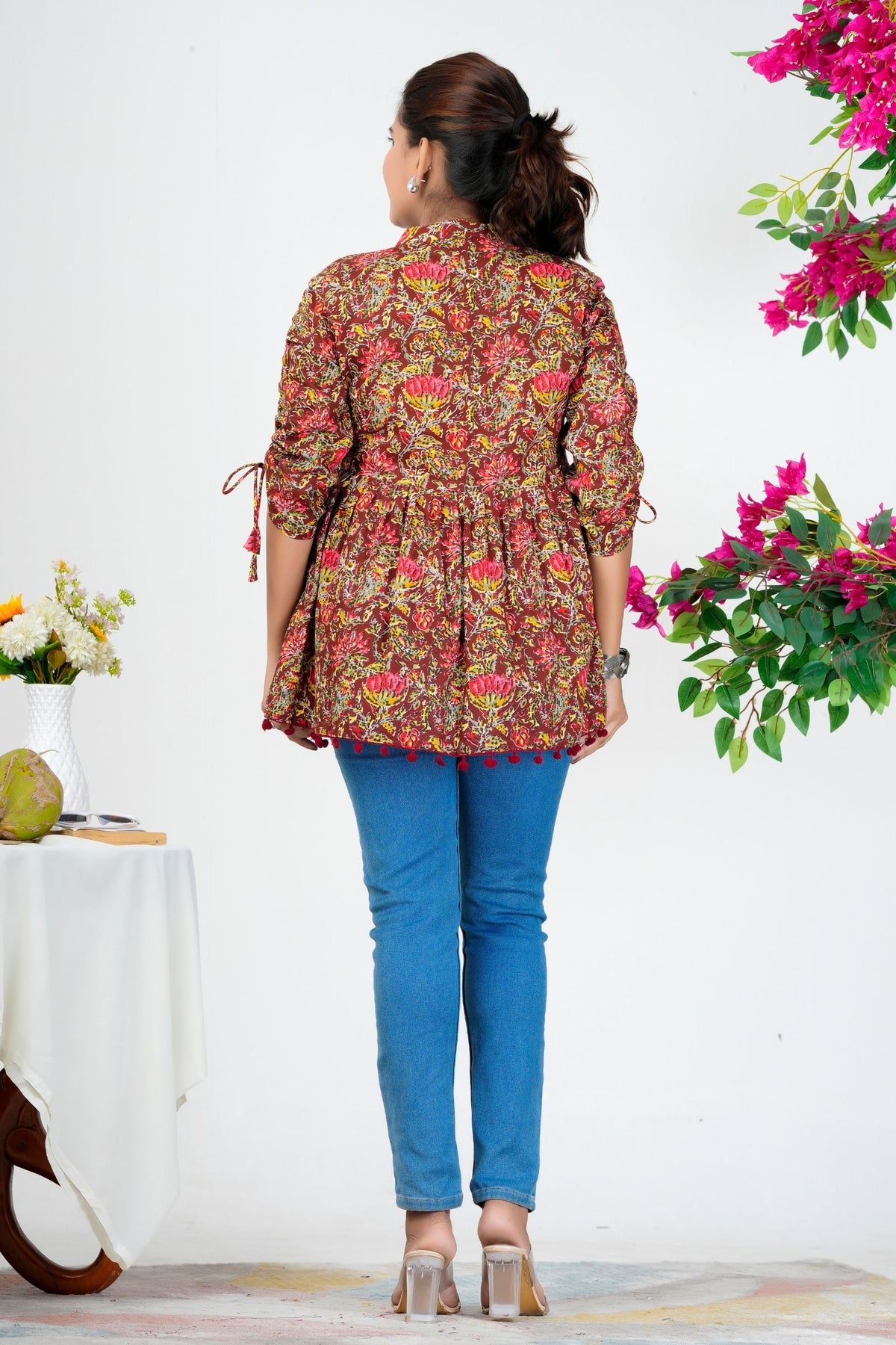 Women's Maroon Multicolor Floral Printed Cotton Peplum Top with 3/4 Sleeves – Casual & Festive Wear