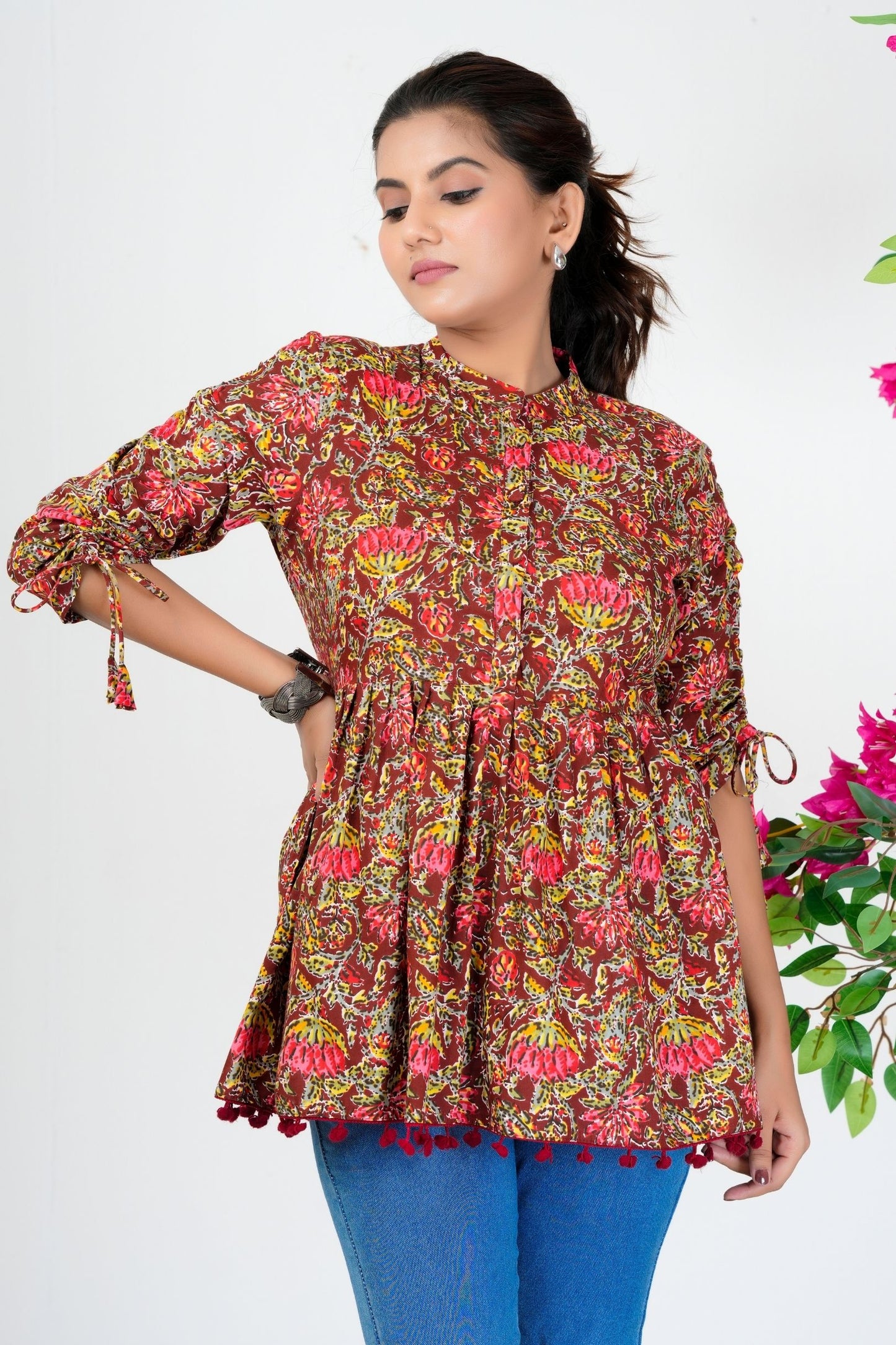 Women's Maroon Multicolor Floral Printed Cotton Peplum Top with 3/4 Sleeves – Casual & Festive Wear