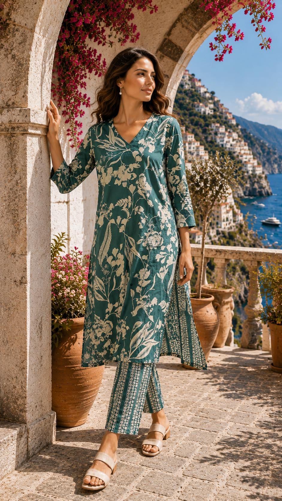 Green Floral Cotton Kurta Pant Set, Indian Ethnic Co-ord Outfit (Summer Vacation)
