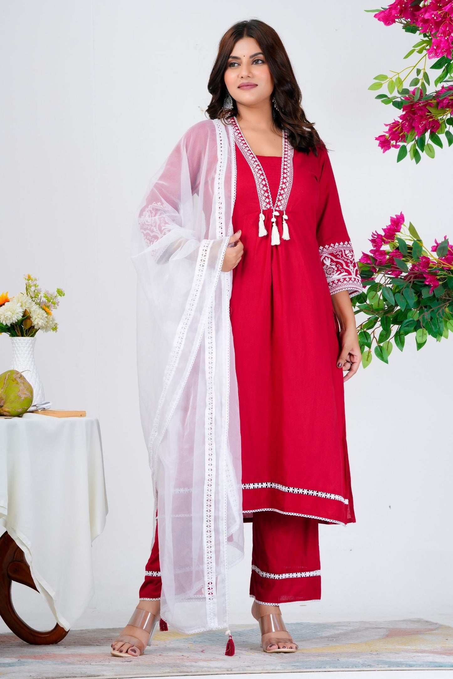 Elegant Red Embroidered Kurta Set with White Dupatta