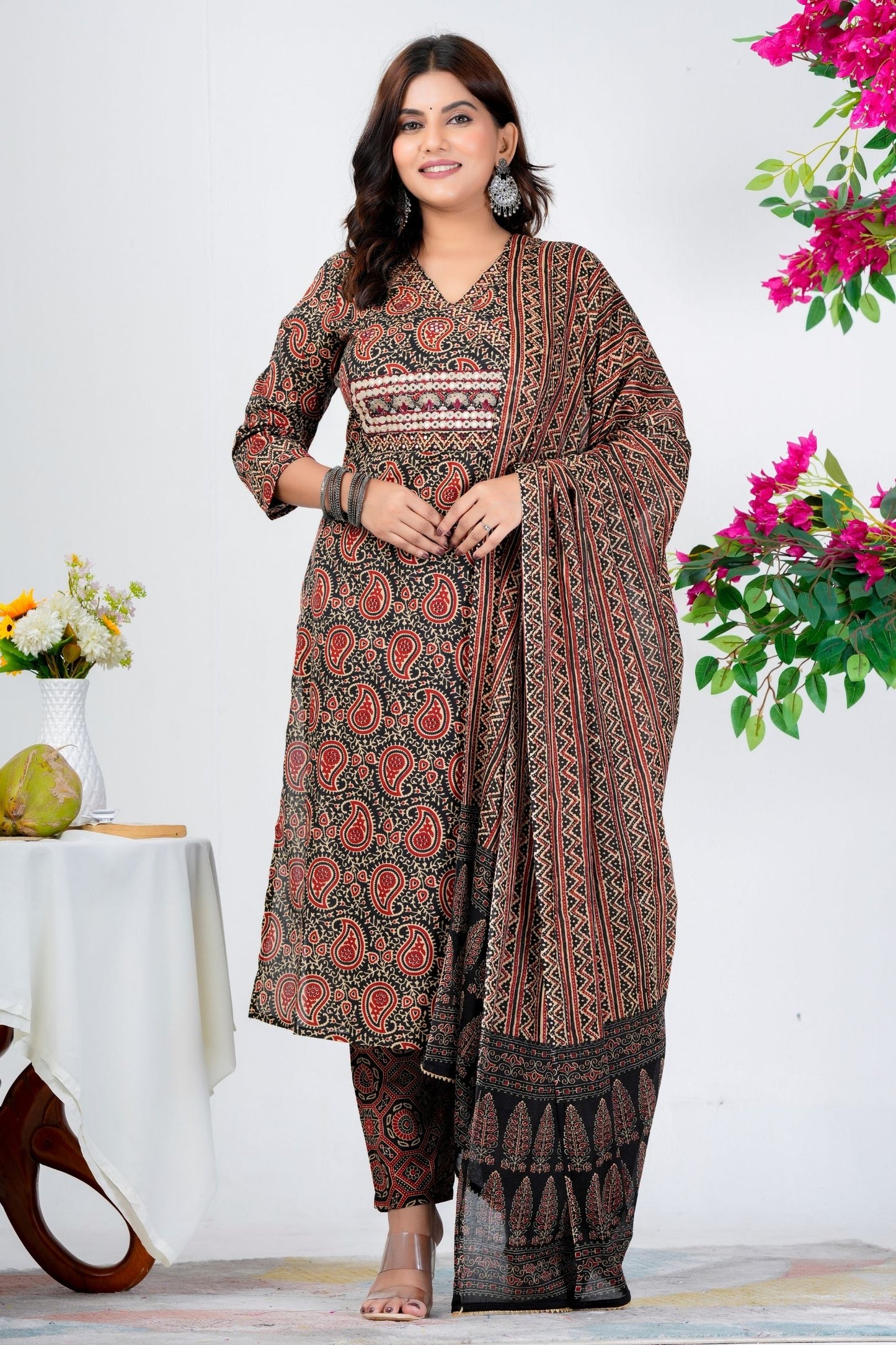 Classic Black & Red Paisley Printed Kurta Set with Dupatta