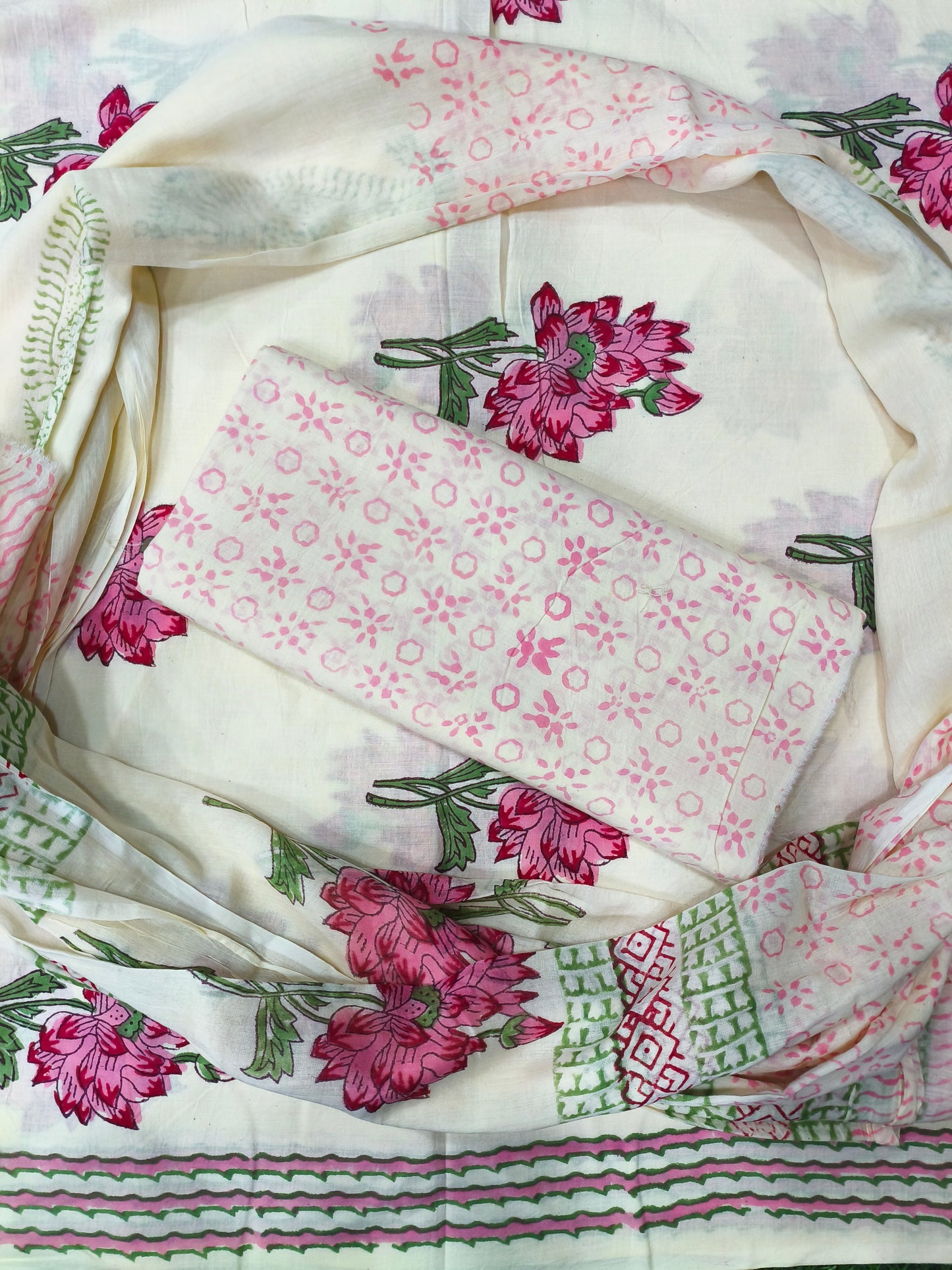 Avira Floral Print Hand Block Cotton Suit with Mulmul Dupatta