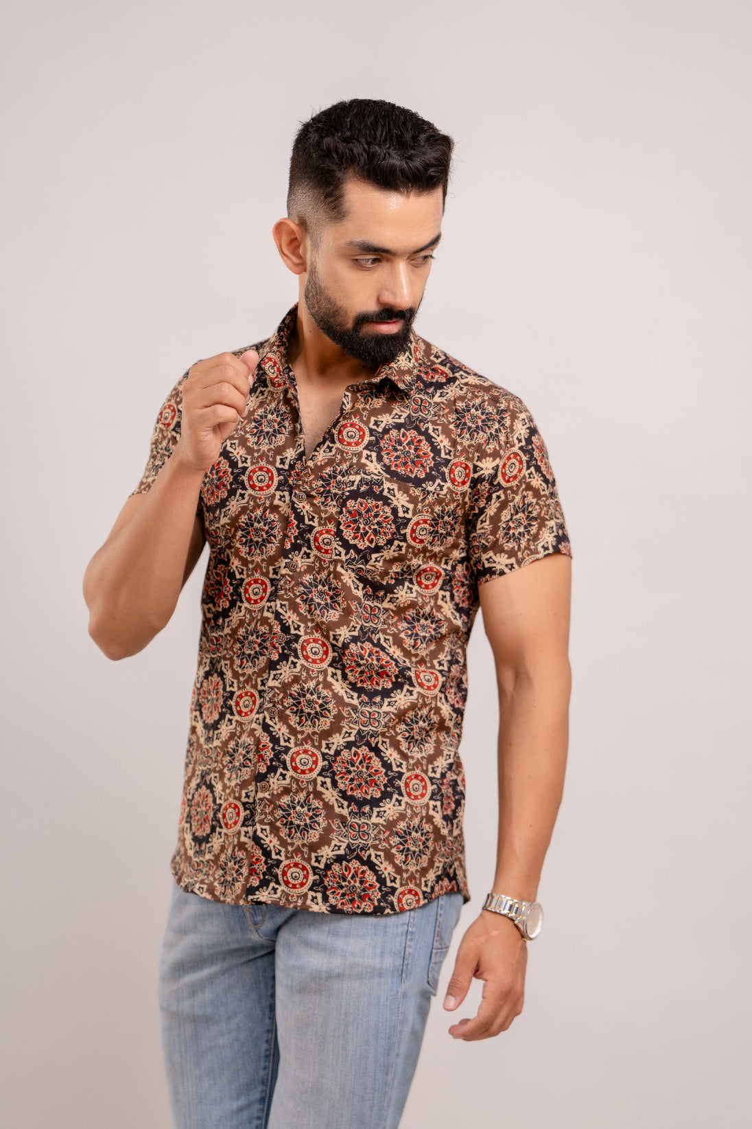 FrionKandy Men Brown Ethnic Printed Short Sleeves Casual Cotton