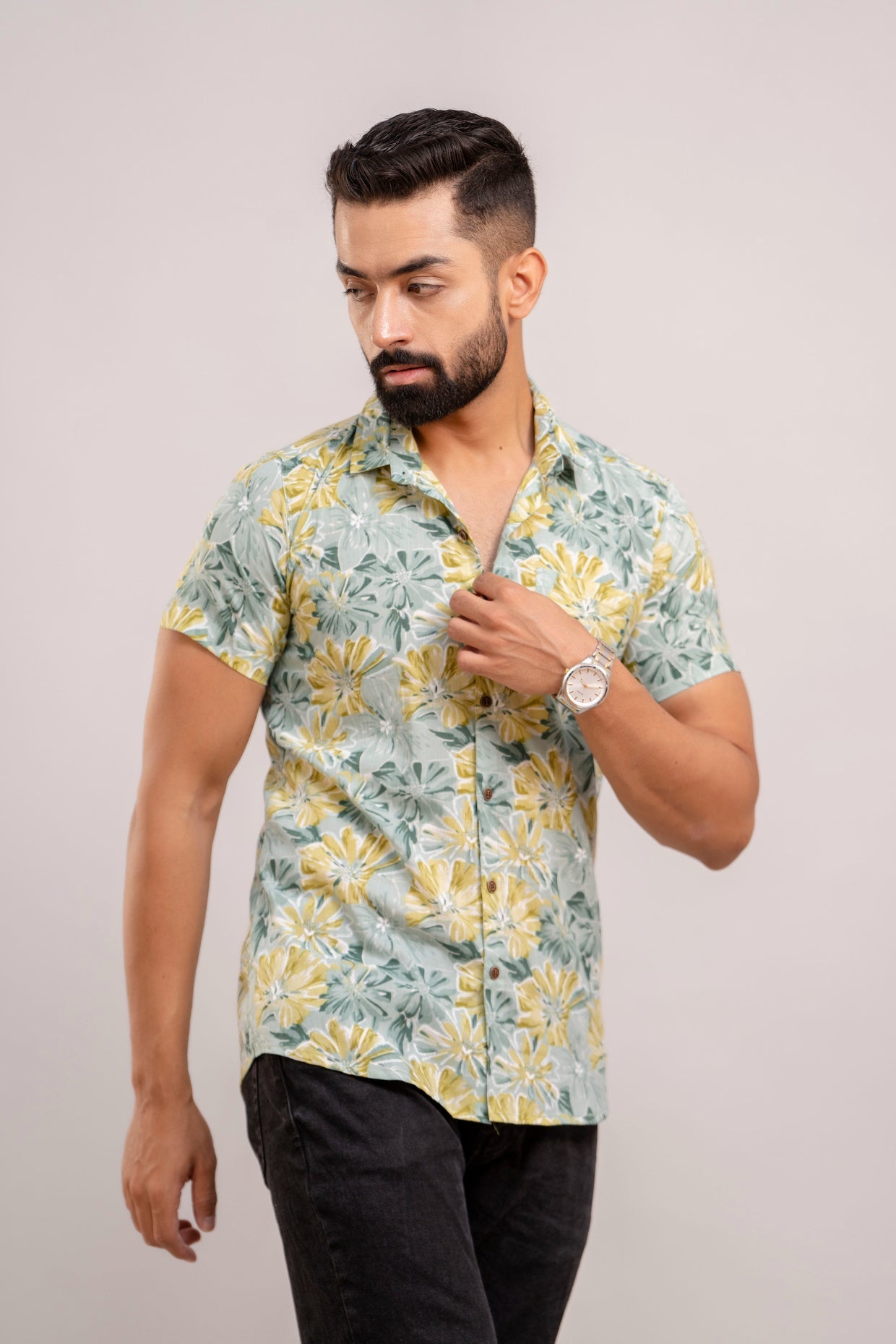 FrionKandy Men Sea Green Floral Printed Short Sleeves Casual Cotton Shirt Frionkandy FrionKandy Men Sea Green Floral Printed Short Sleeves Casual Cotton Shirt Frionkandy