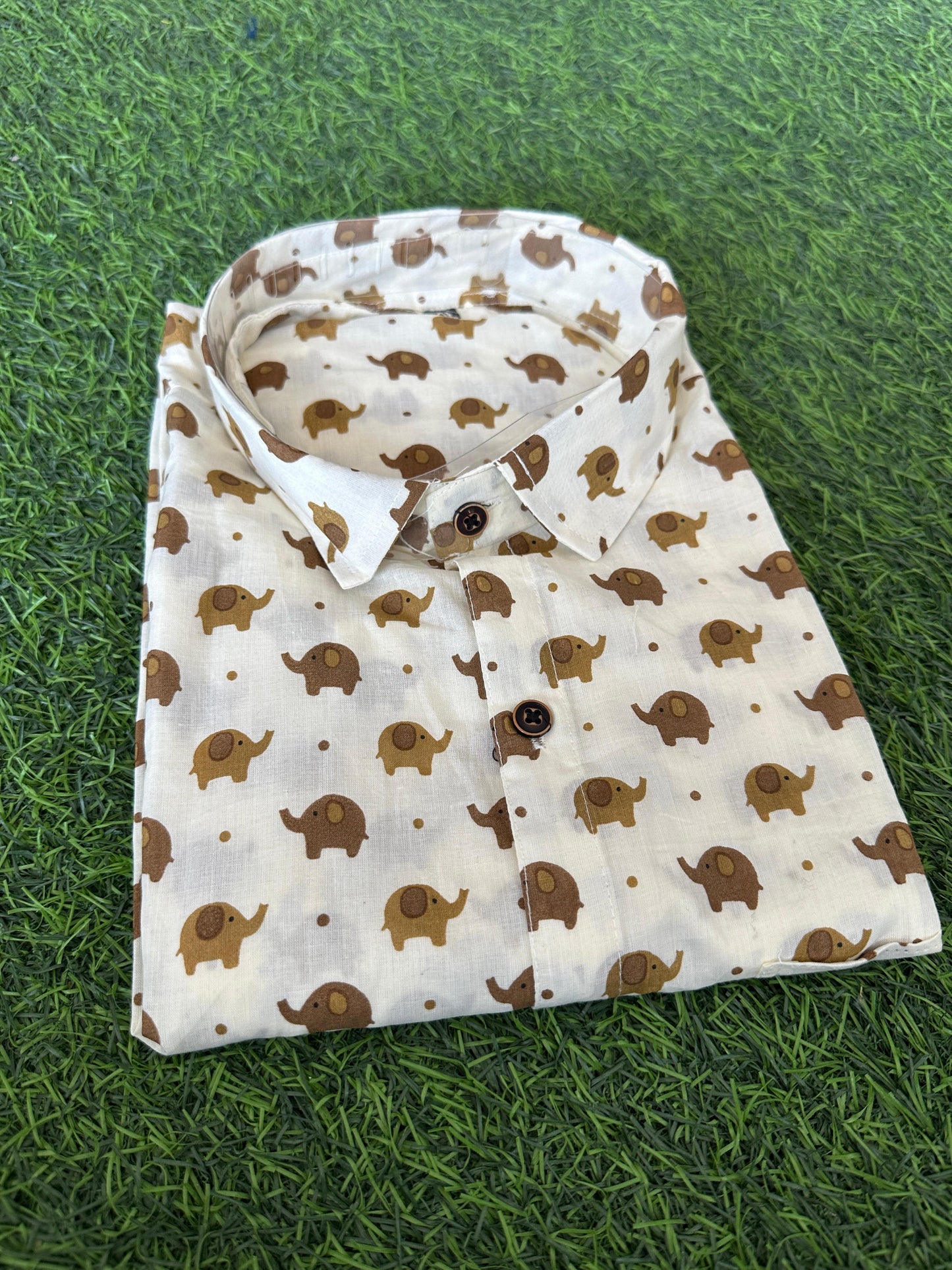 Men's Beige Half Sleeve Shirt with Brown Elephant Print (SHKN1077)