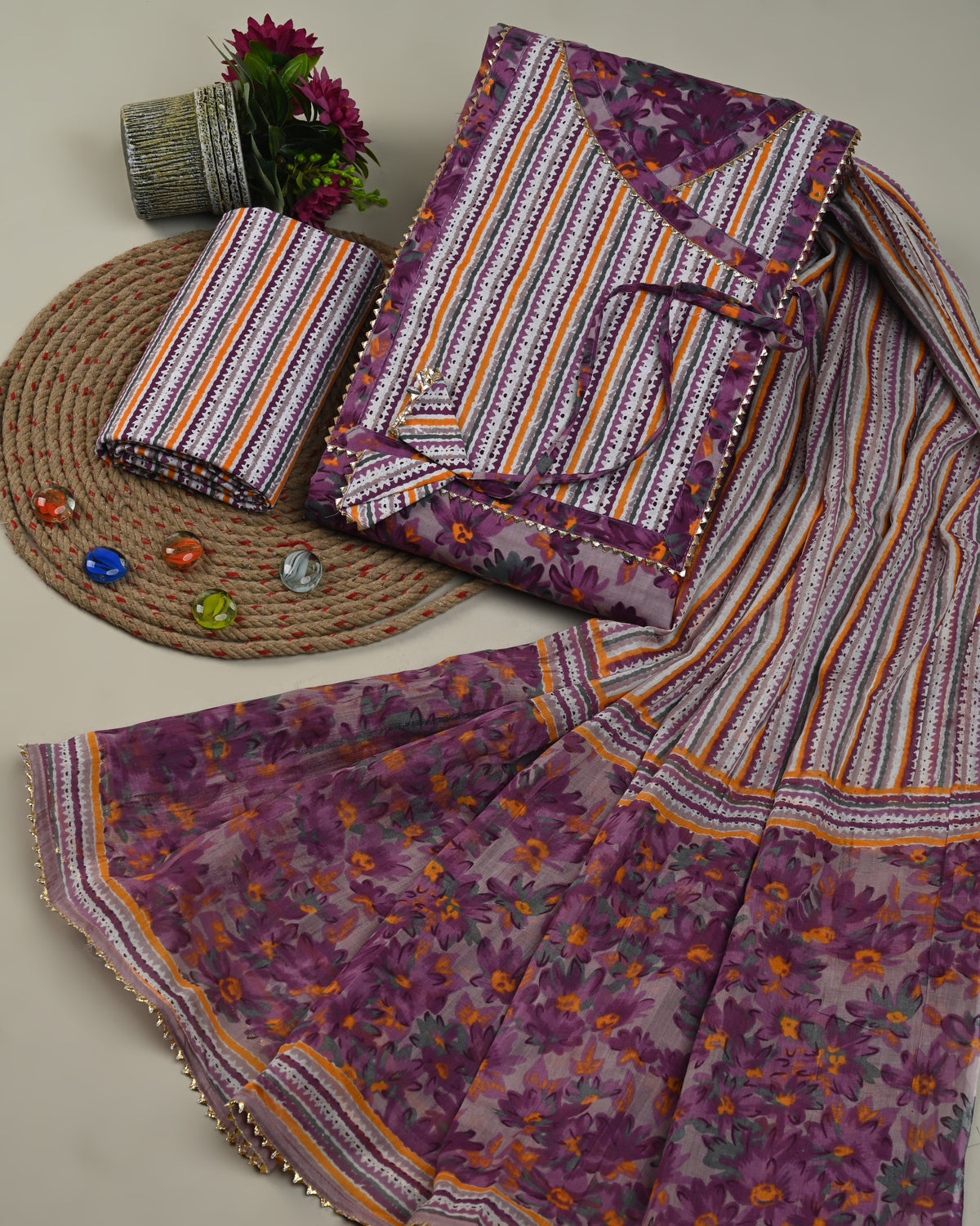 Grape Floral Printed Gota Work Angrakha Style Pure Cotton Unstitched D Frionkandy Grape Floral Printed Gota Work Angrakha Style Pure Cotton Unstitched D Frionkandy