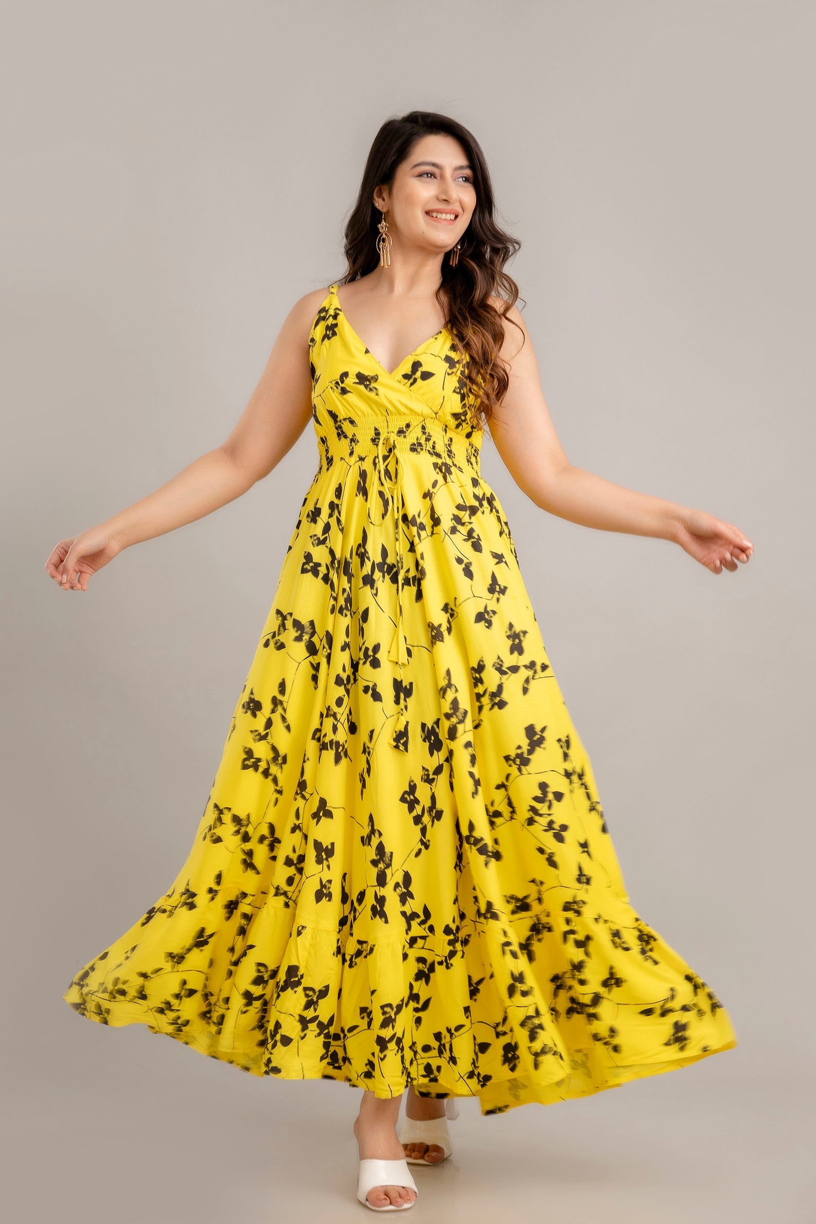 Yellow Floral Printed Sleeveless Fit and Flare Maxi Dress - SHKUP1362 Frionkandy Yellow Floral Printed Sleeveless Fit and Flare Maxi Dress - SHKUP1362 Frionkandy
