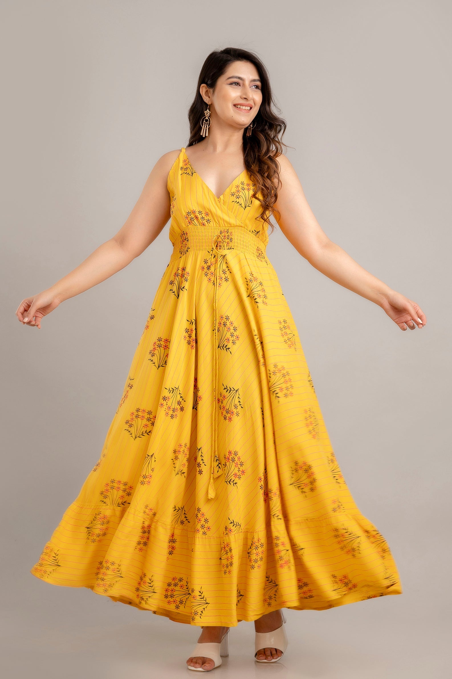 Mustard Floral Printed Sleeveless Fit and Flare Maxi Dress - SHKUP1363 Frionkandy Mustard Floral Printed Sleeveless Fit and Flare Maxi Dress - SHKUP1363 Frionkandy