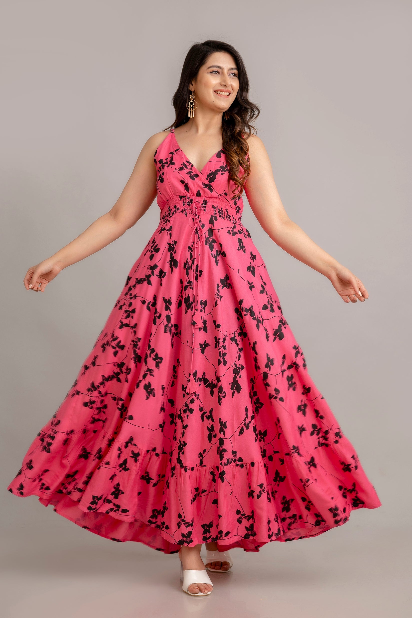 Pink Floral Printed Sleeveless Fit and Flare Maxi Dress SHKUP1365