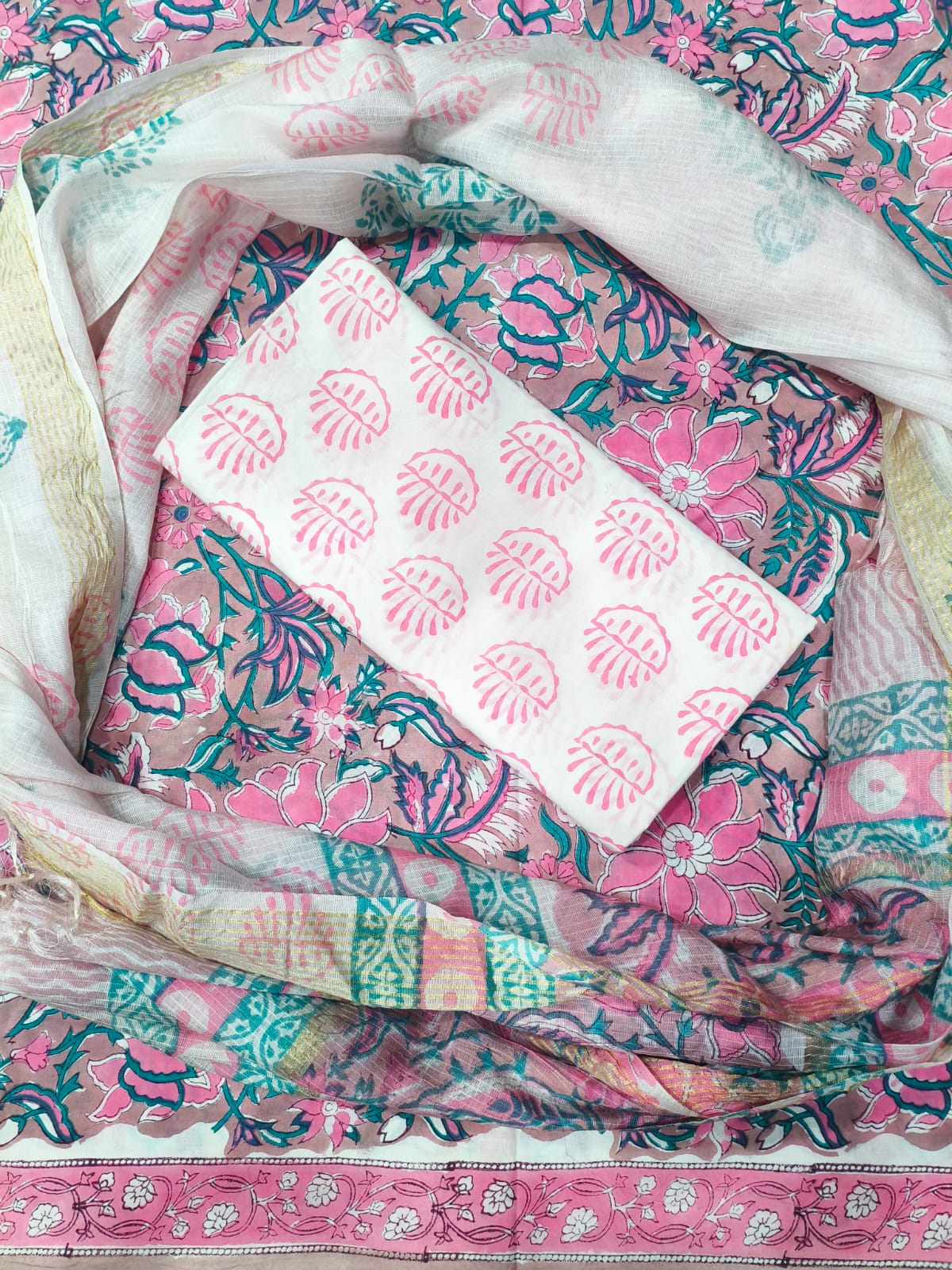Royal Jaal Print Hand Block Cotton Suit with Kota Doriya Dupatta