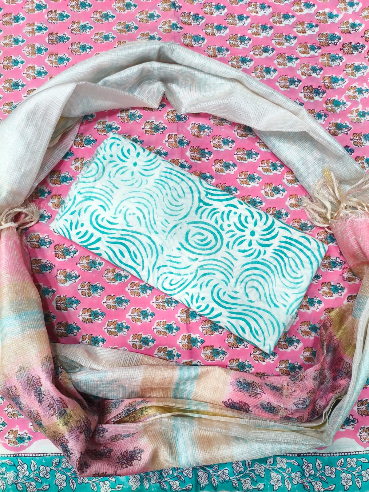 Royal Boota Print Hand Block Cotton Suit with Kota Doriya Dupatta