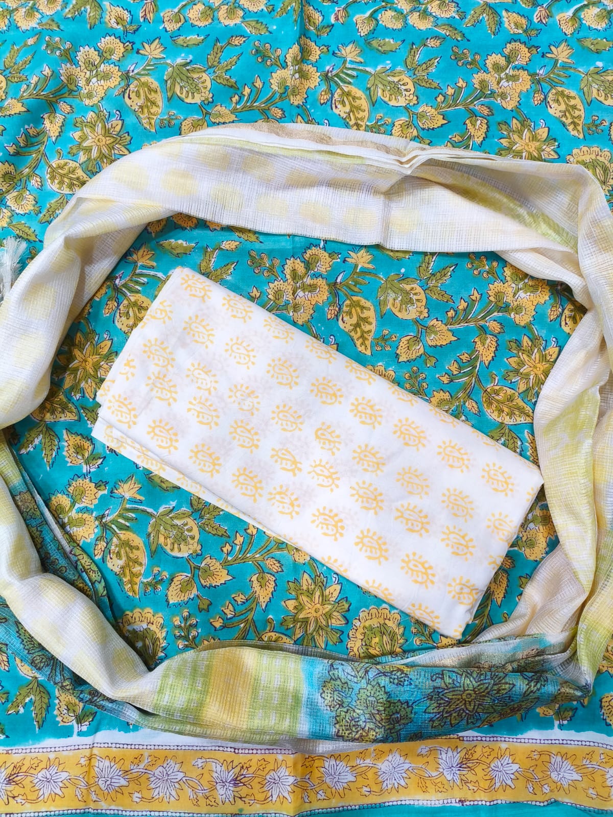 Sanganeri Floral Print Hand Block Cotton Suit with Kota Doriya Dupatta