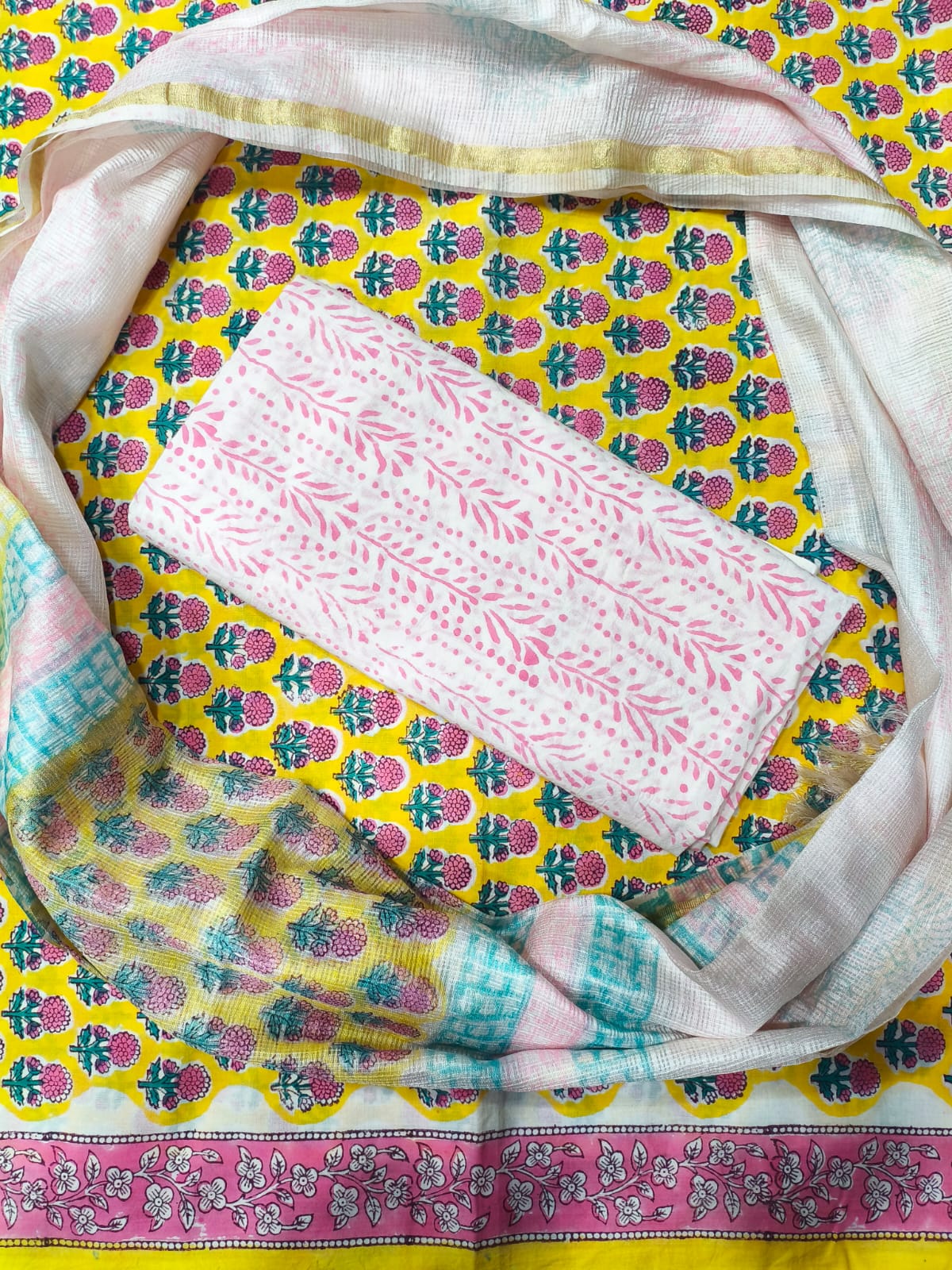 Femine Print Hand Block Cotton Suit with Kota Doriya Dupatta
