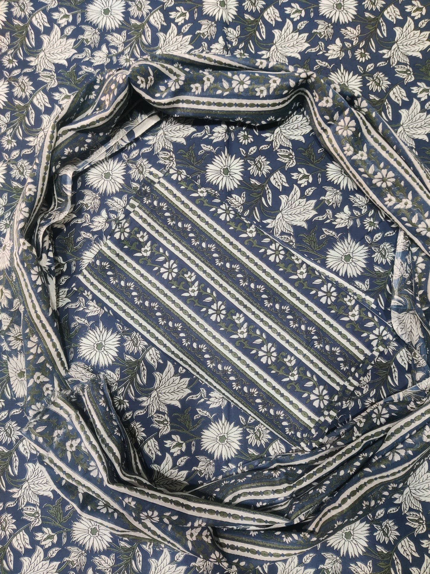 Blue And Green Printed Pure Cotton Unstitched Dress Material (SHKS1168)