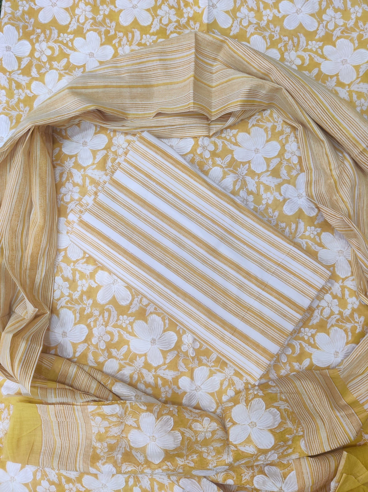 White & Yellow Printed Pure Cotton Unstitched Dress Material (SHKS1188)