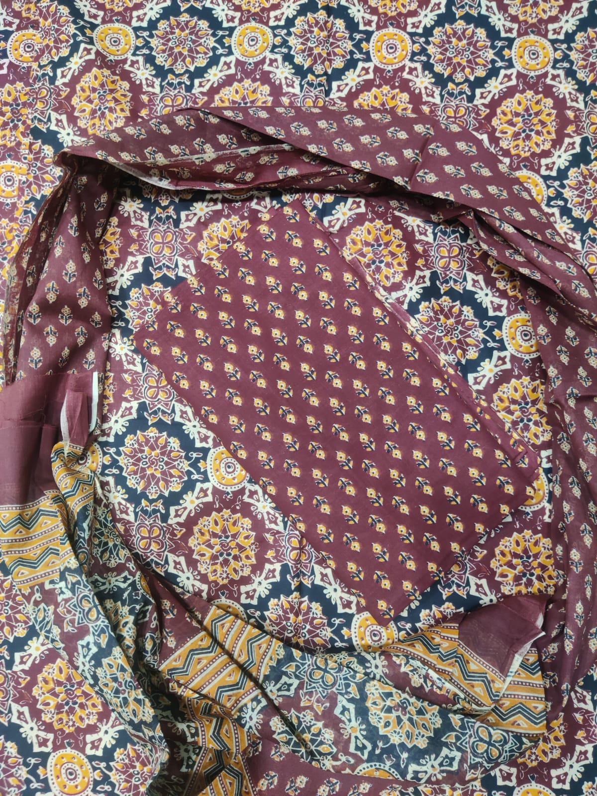 Red And Brown Printed Pure Cotton Unstitched Dress Material (SHKS1184)