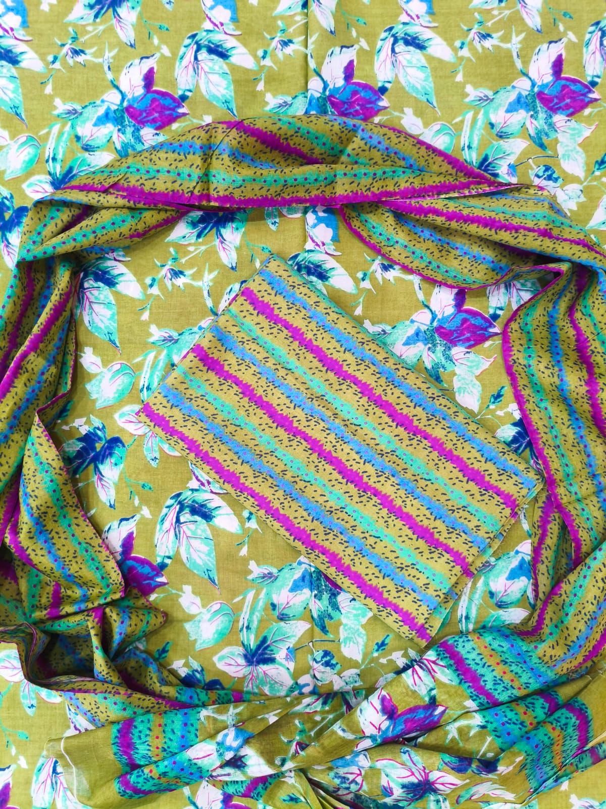 Pickle Green Printed Pure Cotton Unstitched Dress Material (SHKS1164)