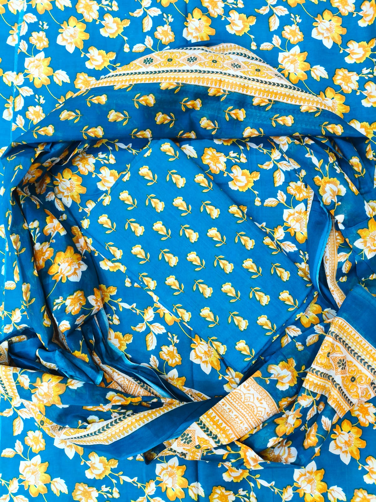 Blue & Yellow Printed Pure Cotton Unstitched Dress Material (SHKS1201)
