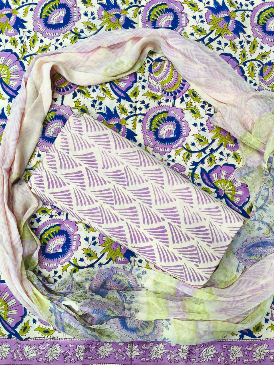 Devine Jaal Print Hand Block Cotton Suit with Shiffon Dupatta (HBS0004)