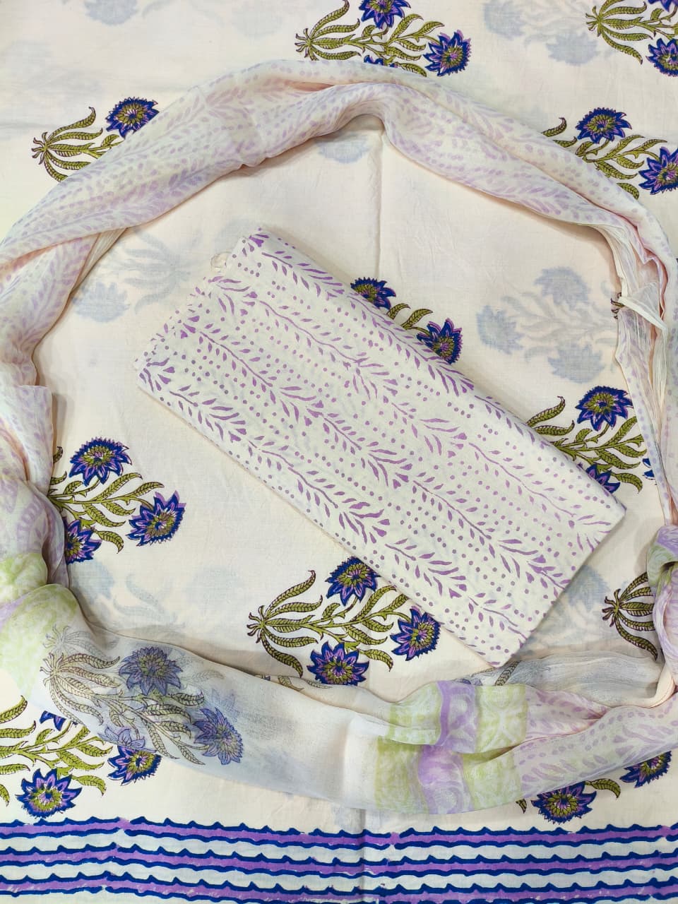 Blue Floral Boota Print Hand Block Cotton Suit with Shiffon Dupatta (HBS0012)