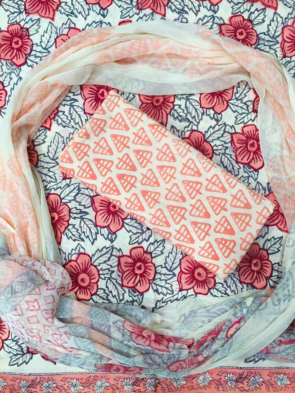 Royal Floral Jaal Print Hand Block Cotton Suit with Shiffon Dupatta (HBS0014)