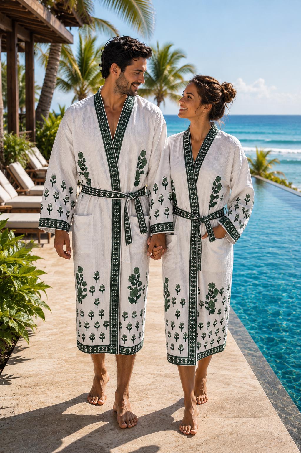 Hand Block Printed Cotton Waffle Robes for Couples | Green Floral Kimono Style (His & Hers)