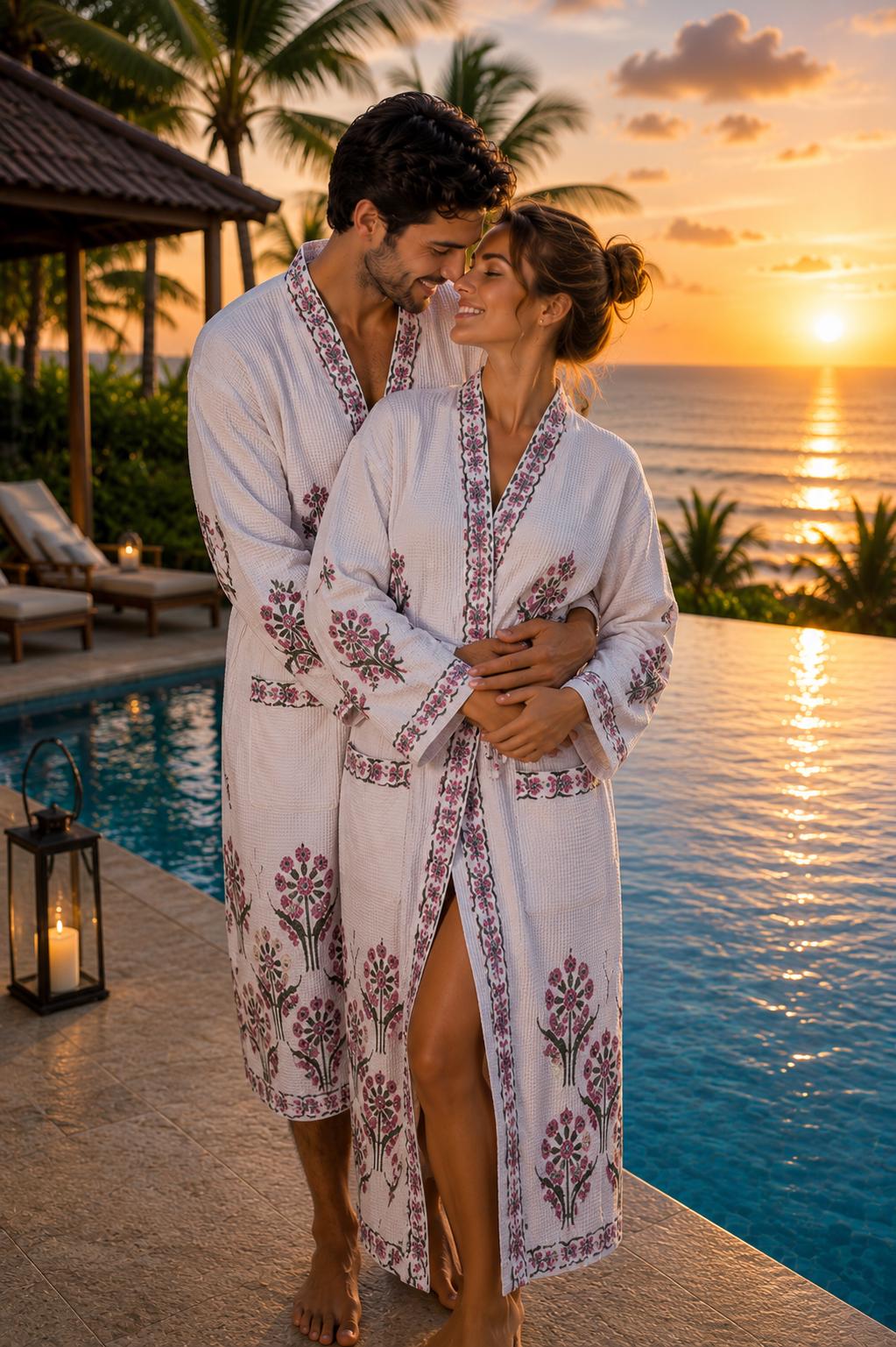 Couples Hand Block Printed Cotton Waffle Bathrobes | Green Floral Jaipur Kimono Robes