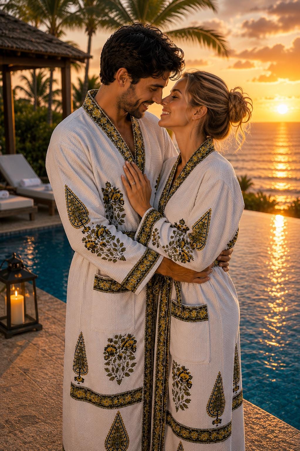 Hand Block Print Cotton Waffle Bathrobe, Unisex Kimono Style, Jaipur Floral Print