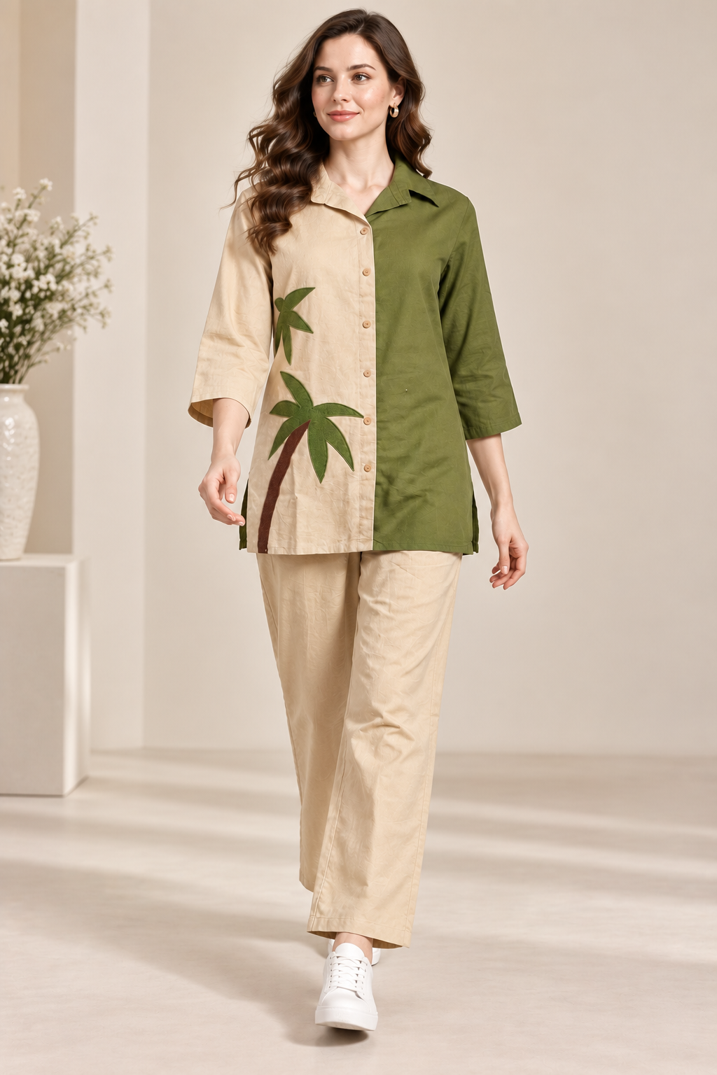 Women’s Olive Green & Beige Handcrafted Palm Tree Shirt Kurti | Relaxed Fit Cotton Tunic Top | 3/4 Sleeve Resort Wear