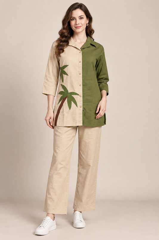 Women’s Olive Green & Beige Handcrafted Palm Tree Shirt Kurti | Relaxed Fit Cotton Tunic Top | 3/4 Sleeve Resort Wear