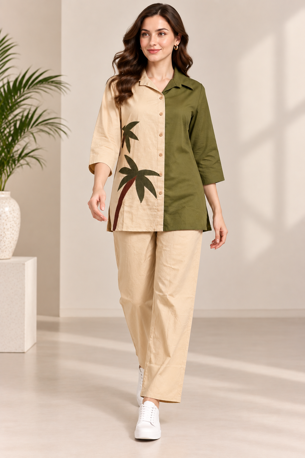 Women’s Olive Green & Beige Handcrafted Palm Tree Shirt Kurti | Relaxed Fit Cotton Tunic Top | 3/4 Sleeve Resort Wear