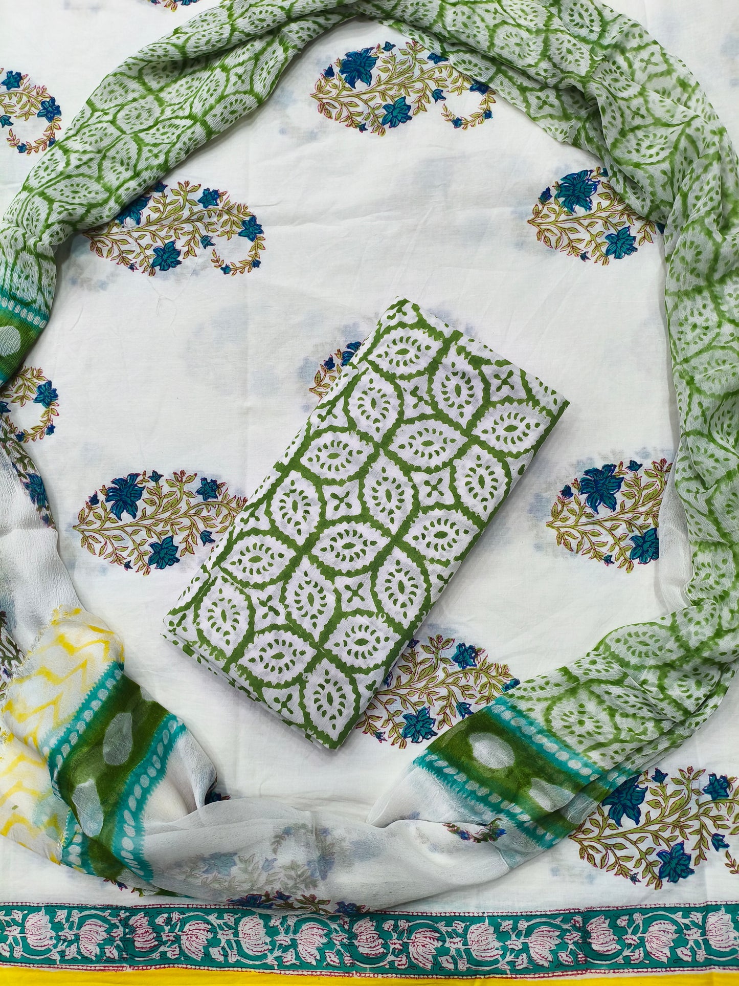 Summer Floral Boota Print Hand Block Cotton Suit with Shiffon Dupatta (HBS0019)