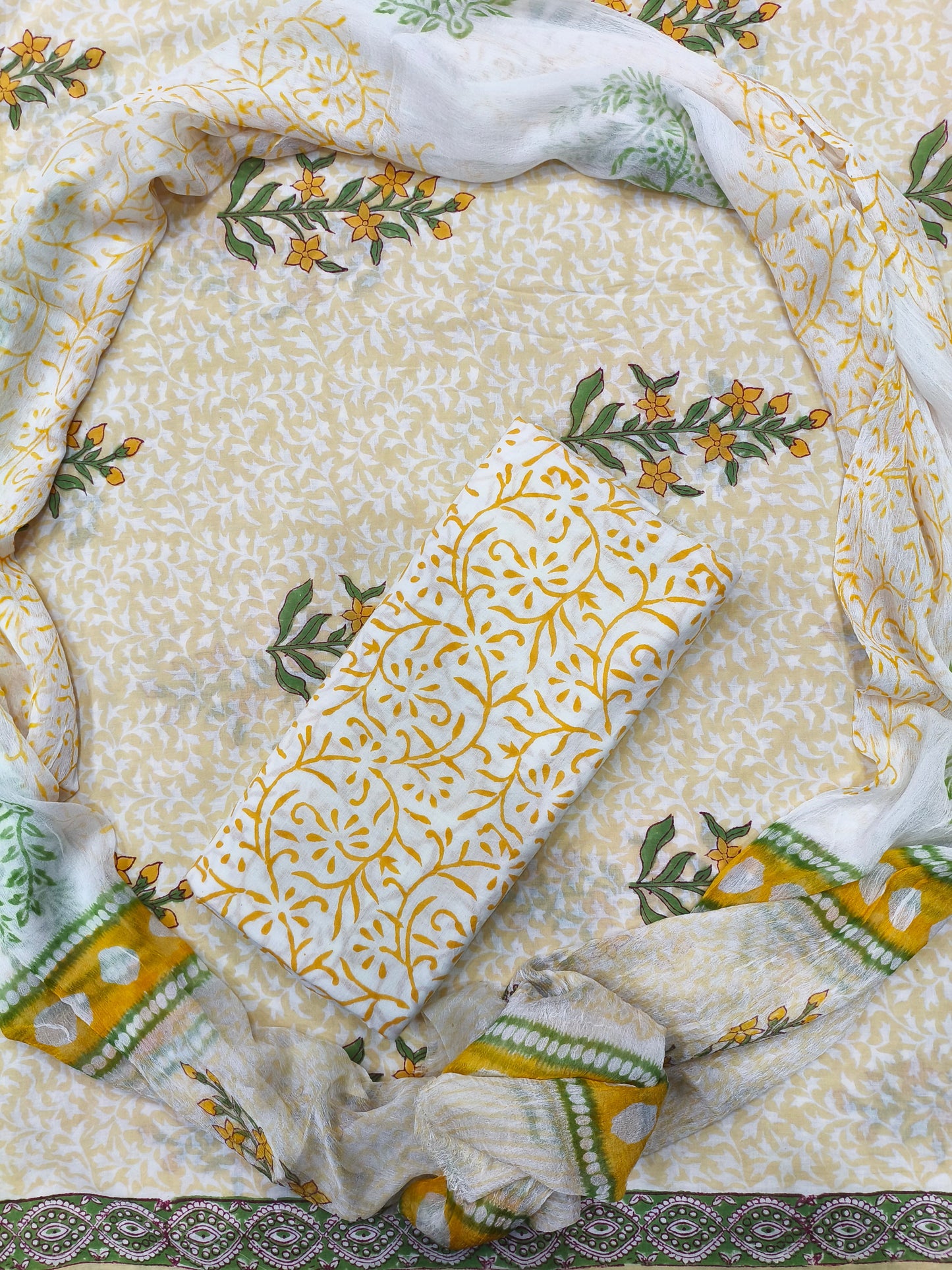 Kiara Floral Print Hand Block Cotton Suit with Shiffon Dupatta (HBS0040)