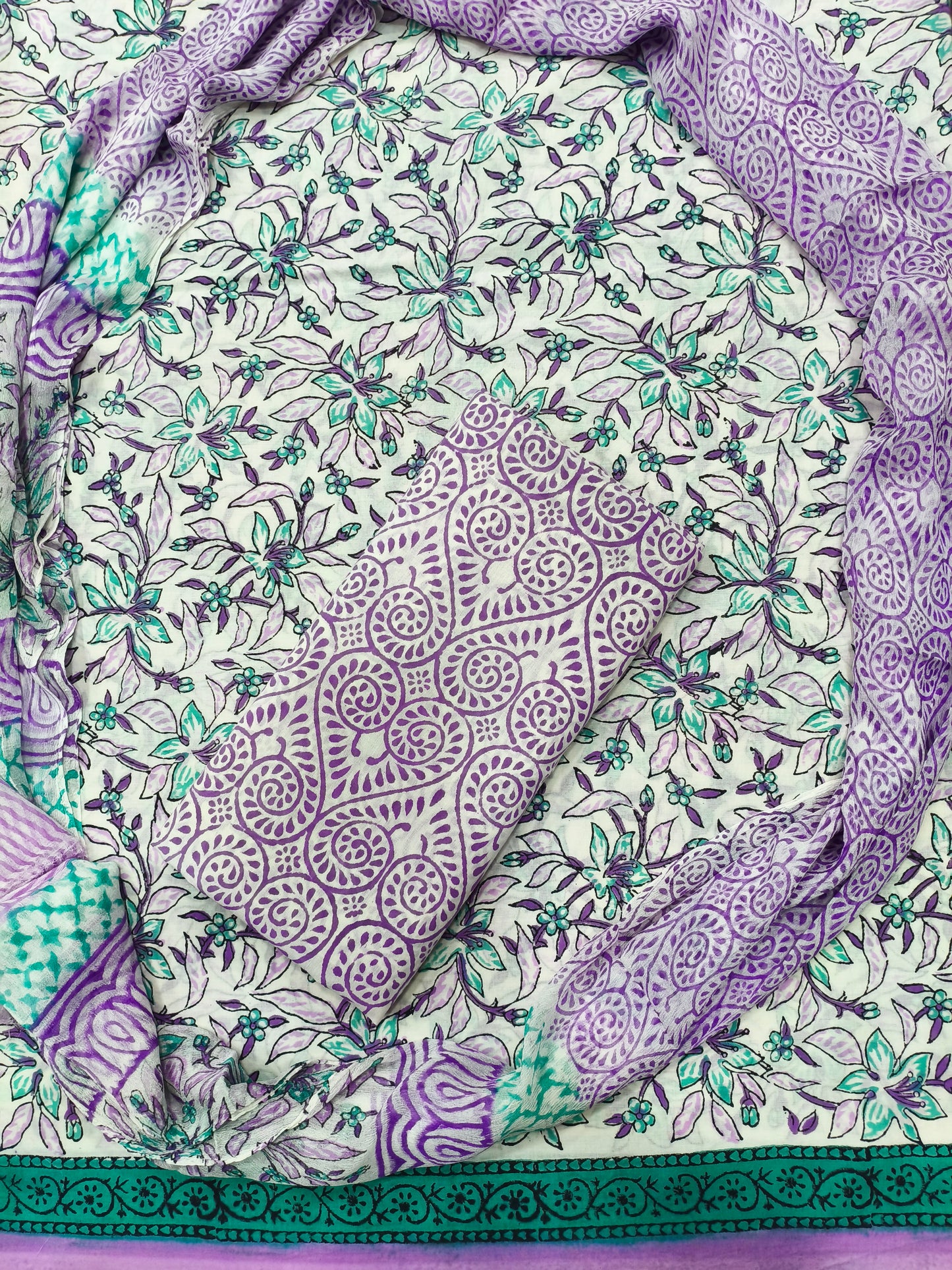 Jaipuri Floral Print Hand Block Cotton Suit with Shiffon Dupatta (HBS0024)