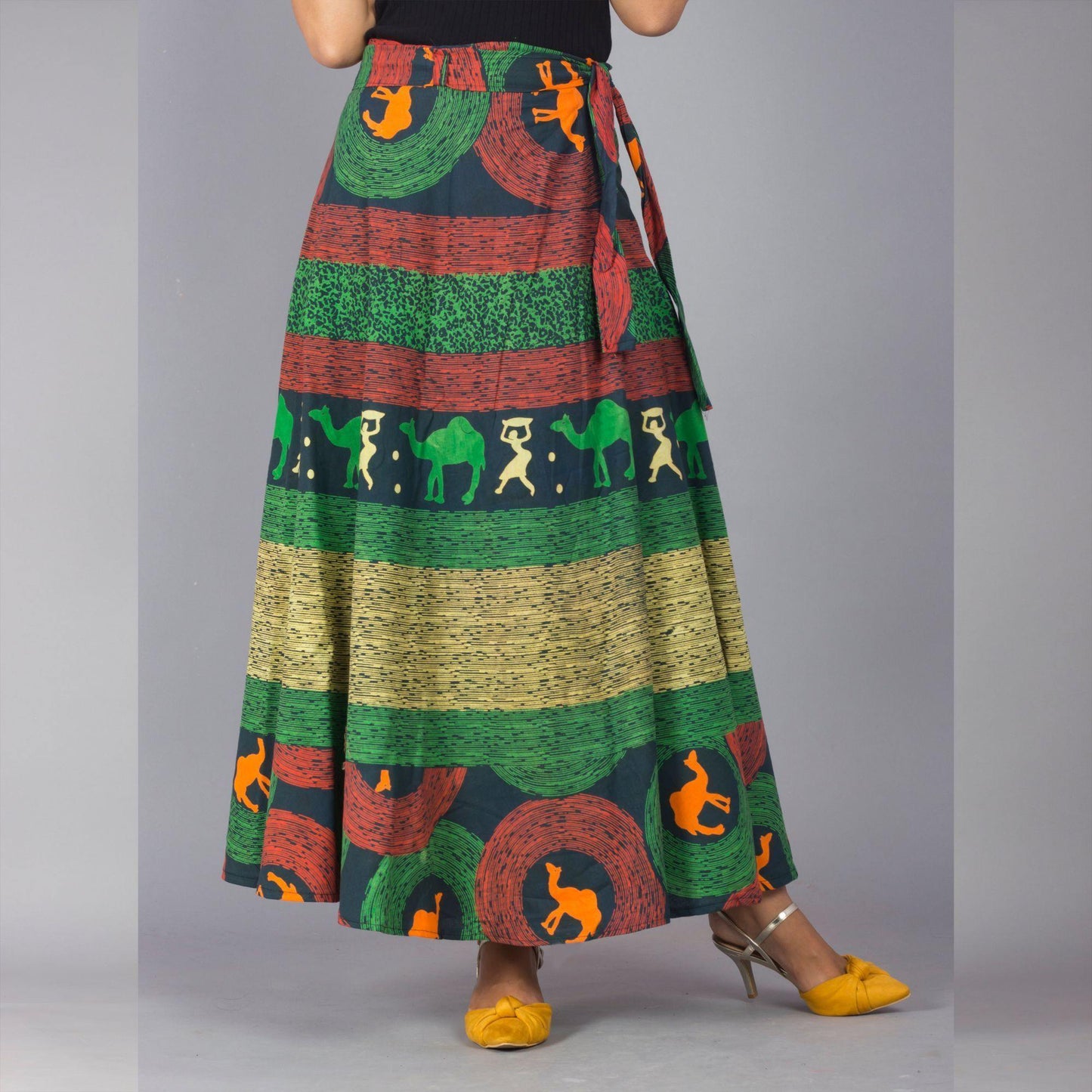 Green Orange Ethnic Print Maxi Skirt - Frionkandy