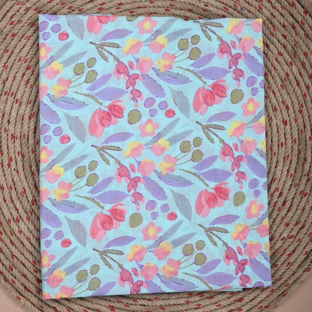 Floral Print Pure Cotton Light Blue Unstitched Suit With Cotton Dupatta- SHKS1134
