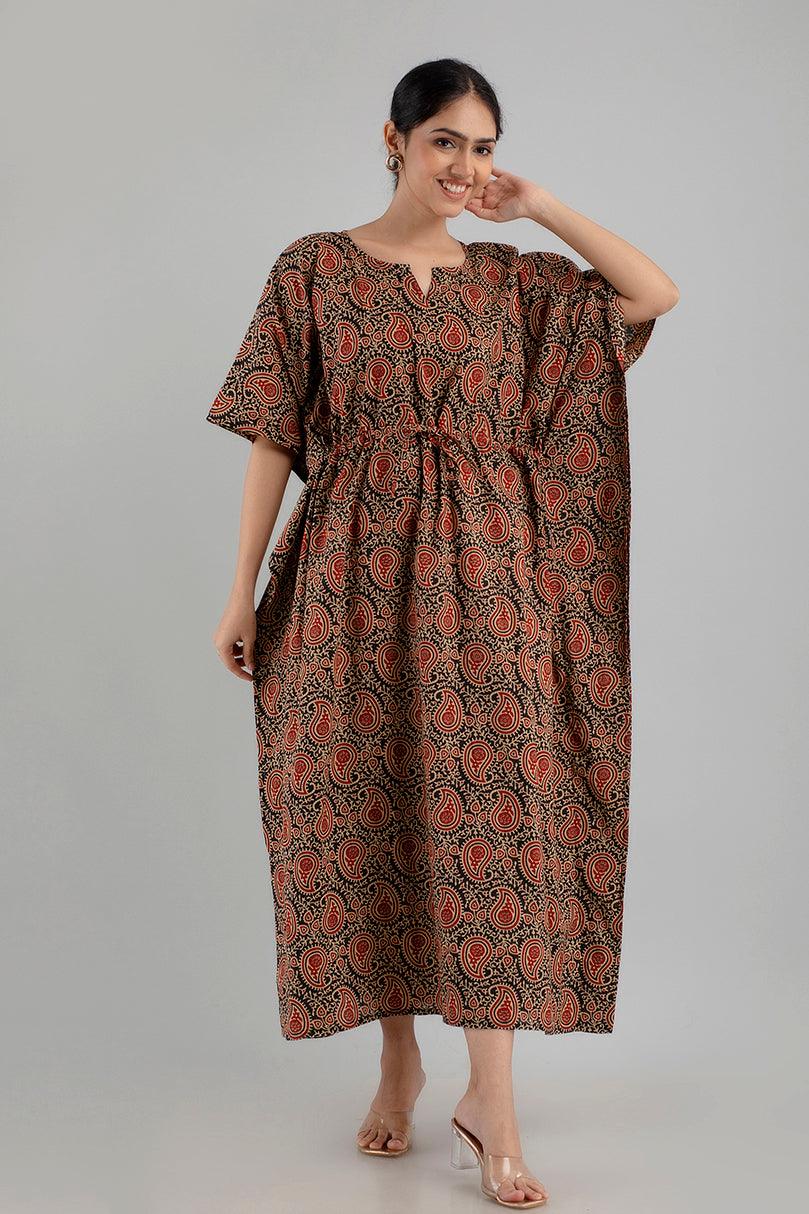 Black Floral Print Pure Cotton Kaftan Maxi Ethnic Dress