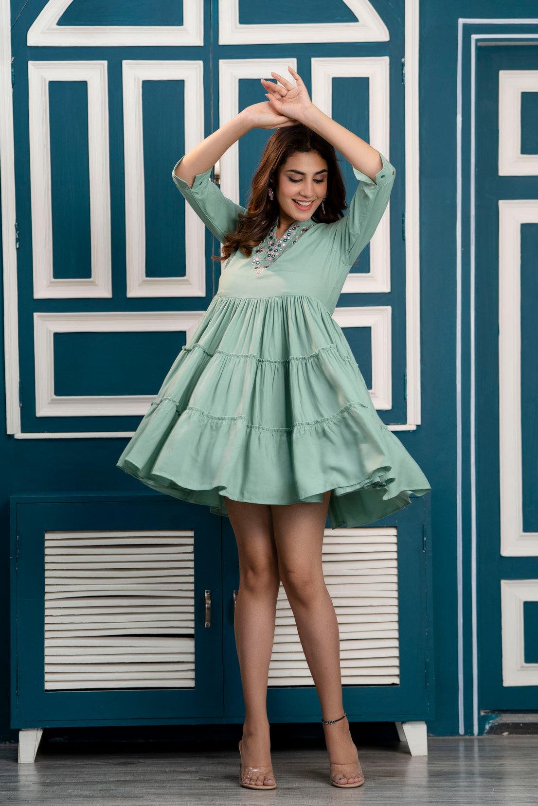 Pista Green Embroidered Mini Fit and Flare Dress Frionkandy Pista Green Embroidered Mini Fit and Flare Dress Frionkandy