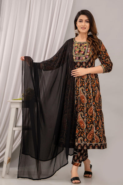 Women Black Floral Embroidered Anarkali Kurta with Trousers & Dupatta - Frionkandy