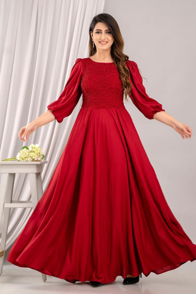Red Puff Sleeve Yoke Design Fit and Flare Party Dress - Frionkandy
